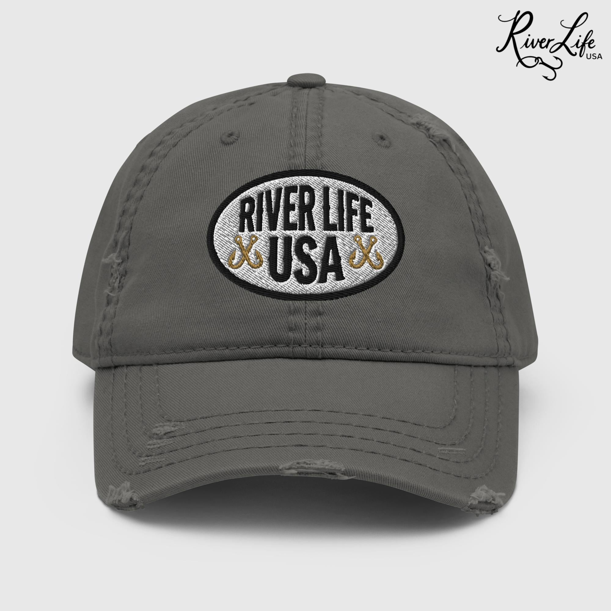 Oval Patch (embroidered) | Adjustable Distressed Dad Hat-Charcoal Grey-River Life USA