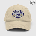 Oval Patch (embroidered) | Adjustable Distressed Dad Hat-Khaki-River Life USA