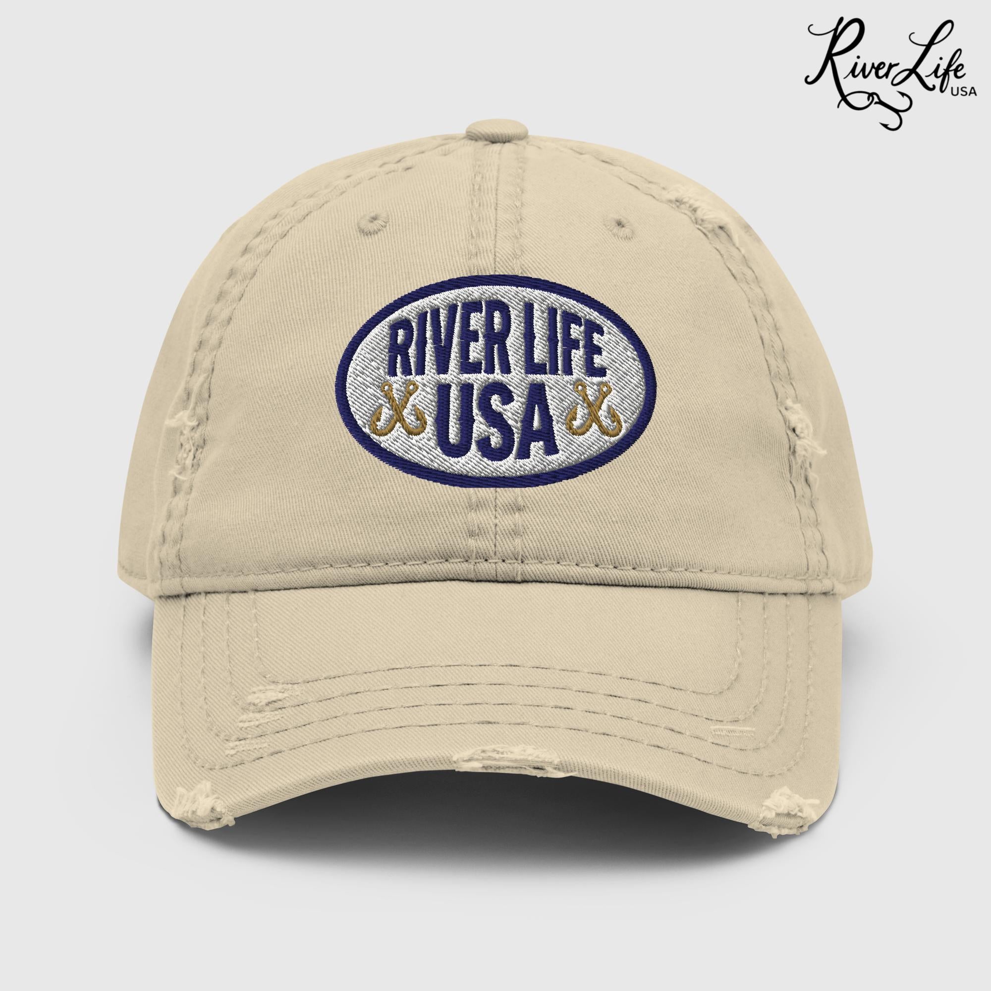 Oval Patch (embroidered) | Adjustable Distressed Dad Hat-Khaki-River Life USA