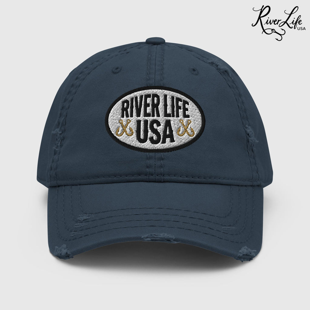 Oval Patch (embroidered) | Adjustable Distressed Dad Hat-Navy-River Life USA