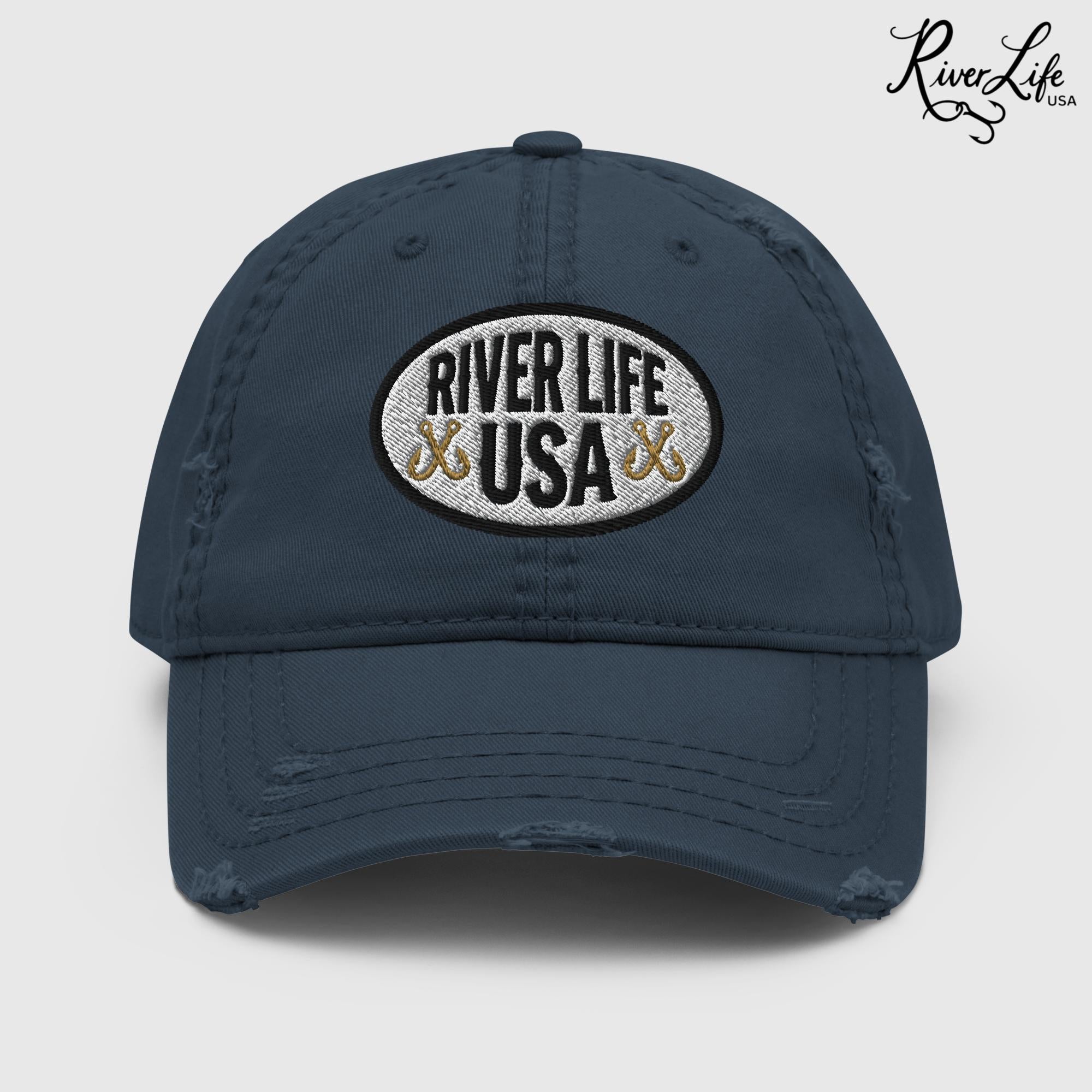 Oval Patch (embroidered) | Adjustable Distressed Dad Hat-Navy-River Life USA