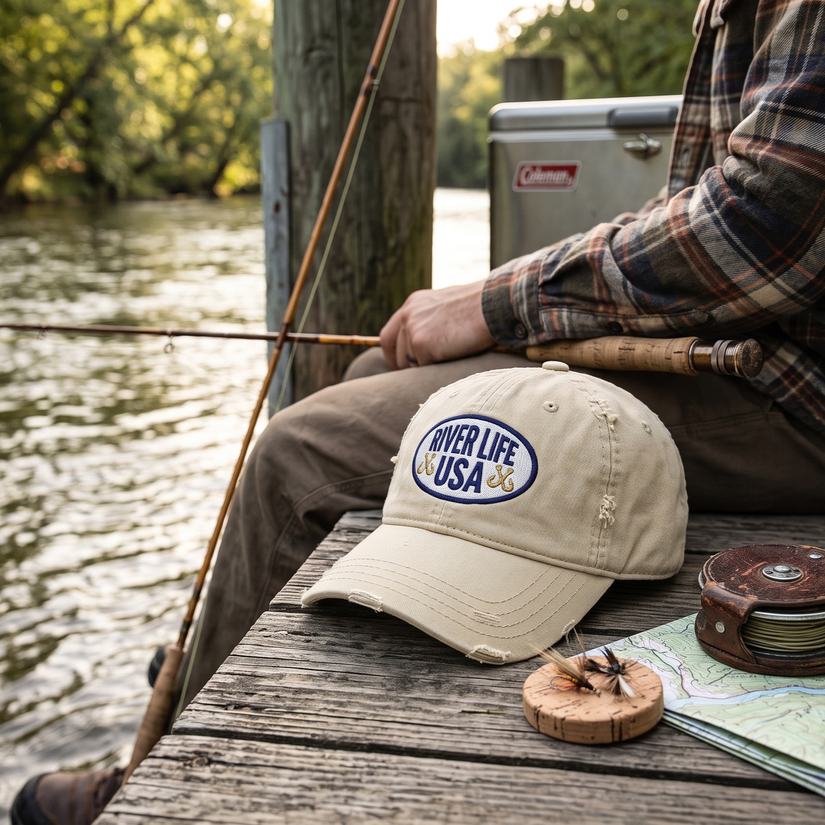Oval Patch (embroidered) | Adjustable Distressed Dad Hat-Khaki-River Life USA