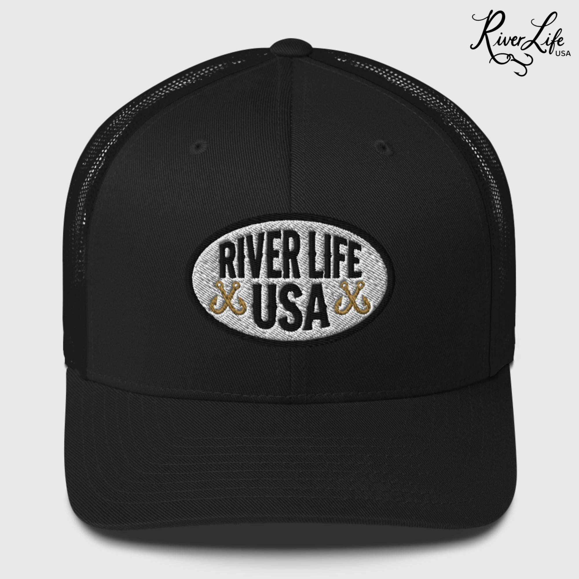 Oval Patch (embroidered) | Snapback Trucker Cap-Black-River Life USA