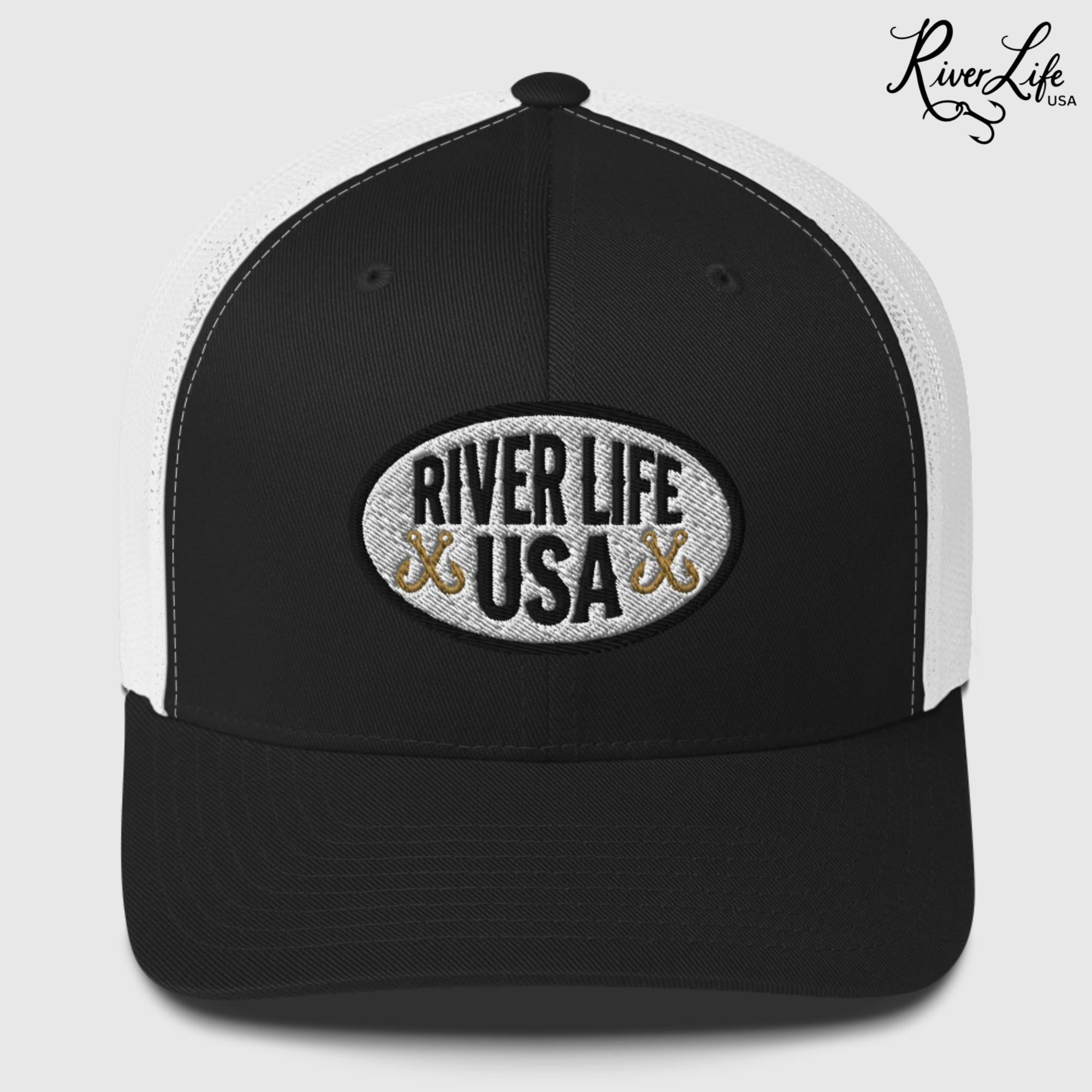 Oval Patch (embroidered) | Snapback Trucker Cap-Black/ White-River Life USA