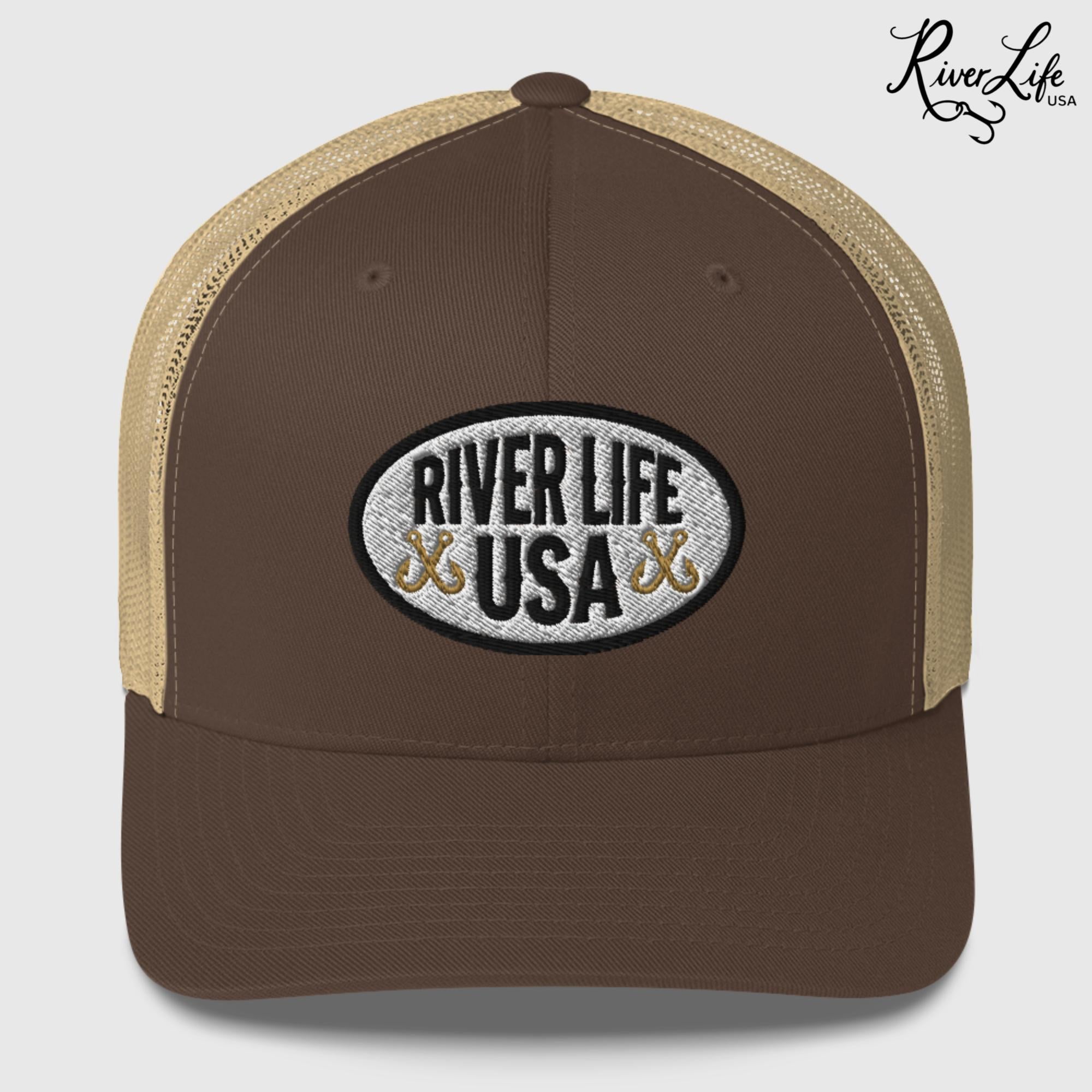 Oval Patch (embroidered) | Snapback Trucker Cap-Brown/ Khaki-River Life USA