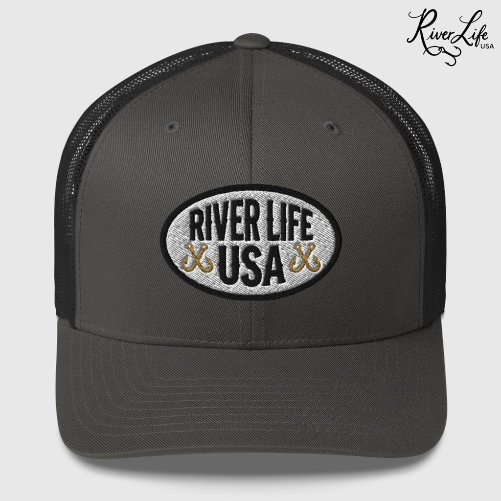 Oval Patch (embroidered) | Snapback Trucker Cap-Charcoal-River Life USA
