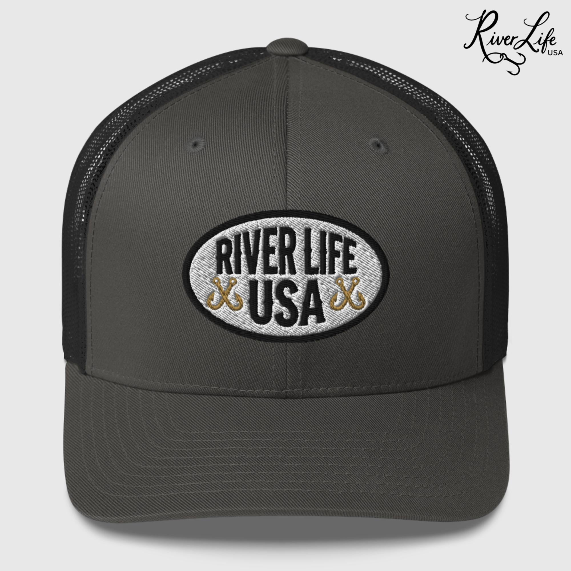 Oval Patch (embroidered) | Snapback Trucker Cap-Charcoal-River Life USA