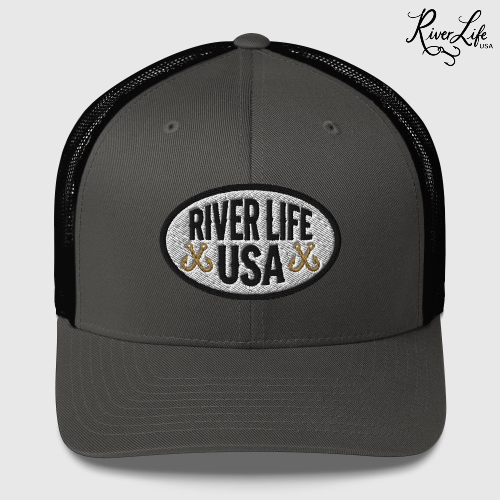 Oval Patch (embroidered) | Snapback Trucker Cap-Charcoal/ Black-River Life USA