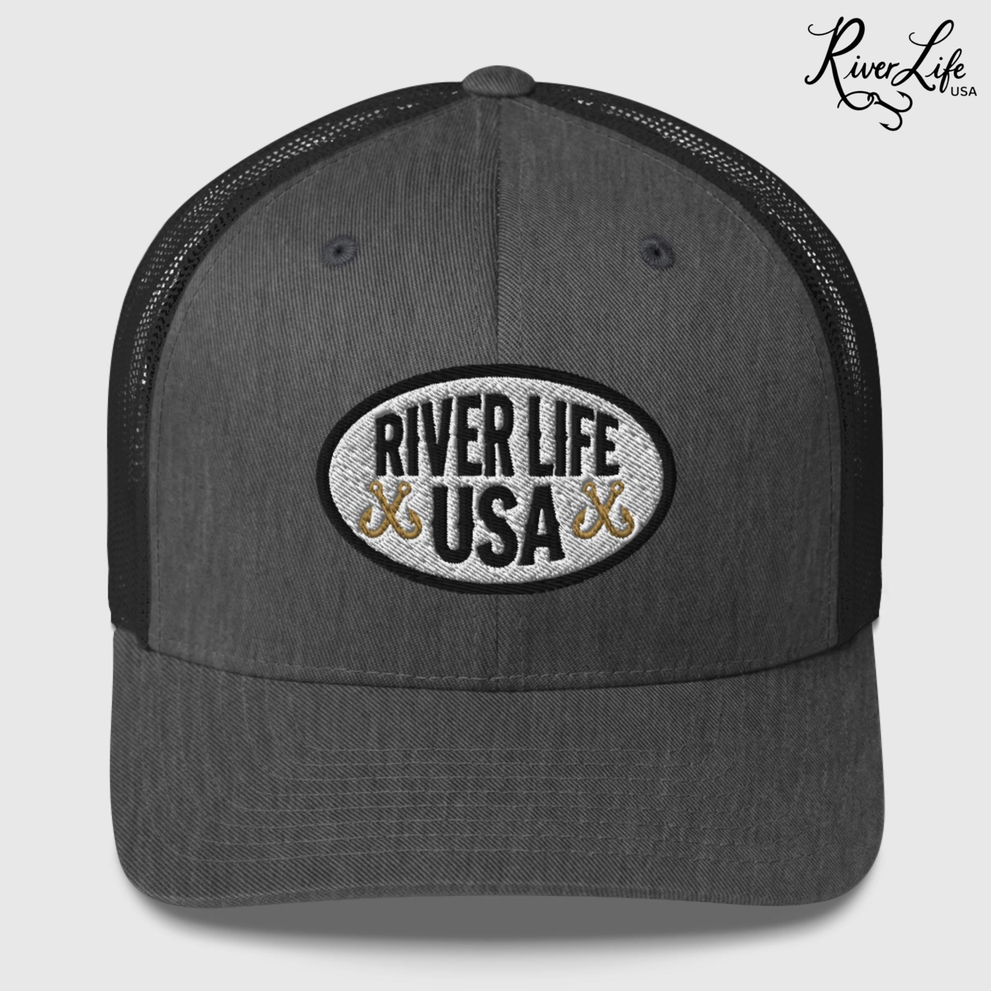 Oval Patch (embroidered) | Snapback Trucker Cap-Dark Heather Gray-River Life USA