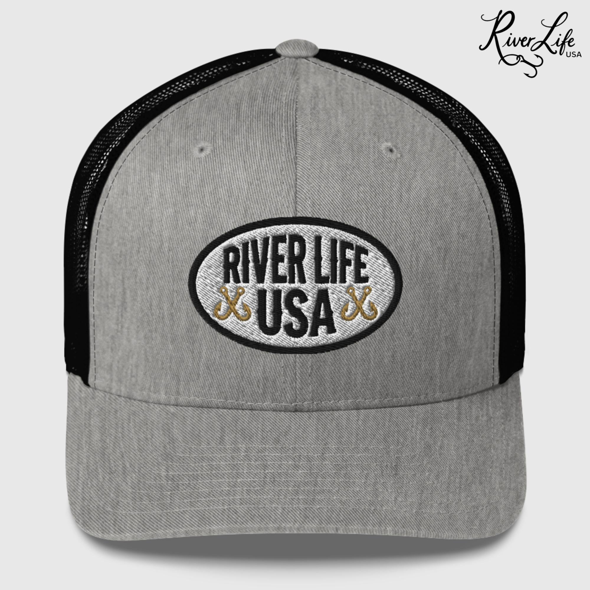 Oval Patch (embroidered) | Snapback Trucker Cap-Heather/ Black-River Life USA