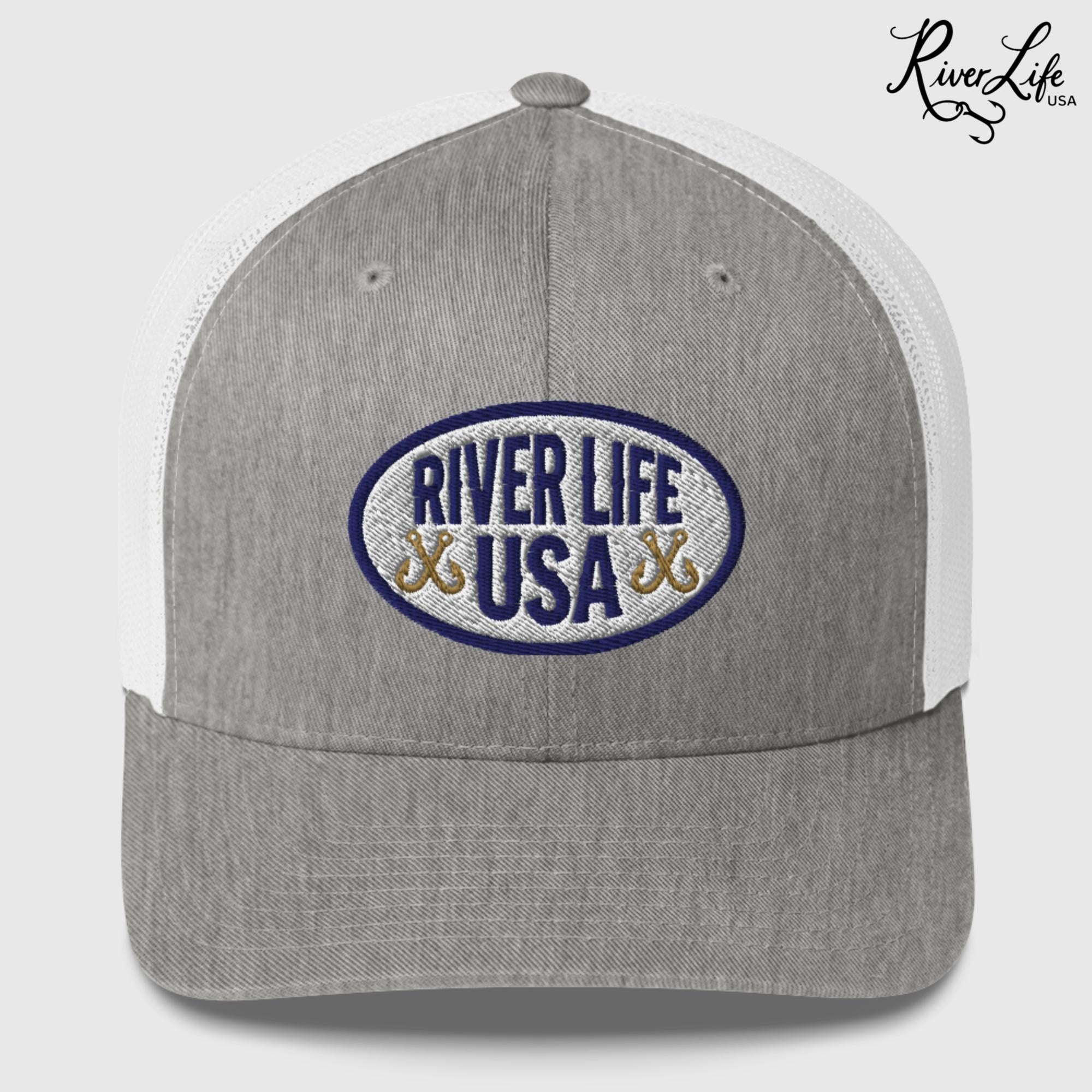 Oval Patch (embroidered) | Snapback Trucker Cap-Heather Grey/White-River Life USA