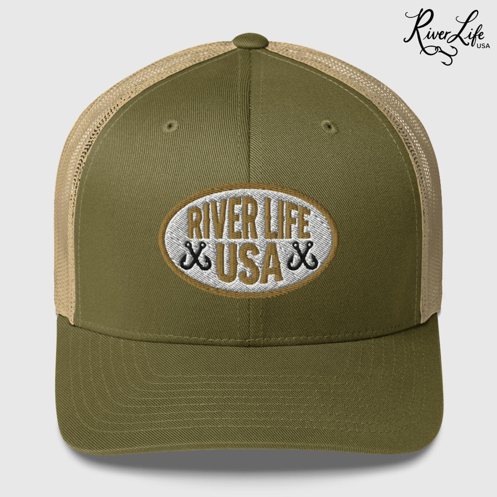 Oval Patch (embroidered) | Snapback Trucker Cap-Moss/ Khaki-River Life USA
