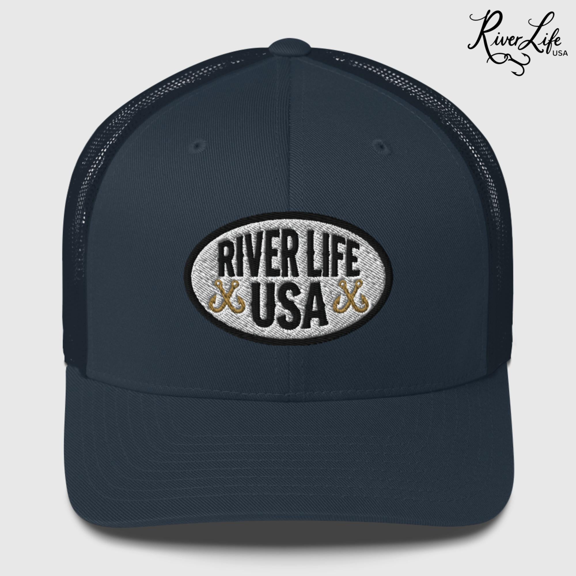 Oval Patch (embroidered) | Snapback Trucker Cap-Navy-River Life USA