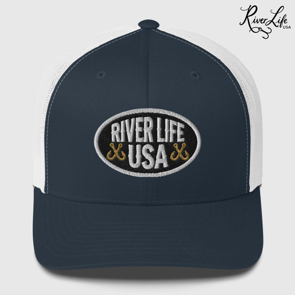 Oval Patch (embroidered) | Snapback Trucker Cap-Navy/ White-River Life USA