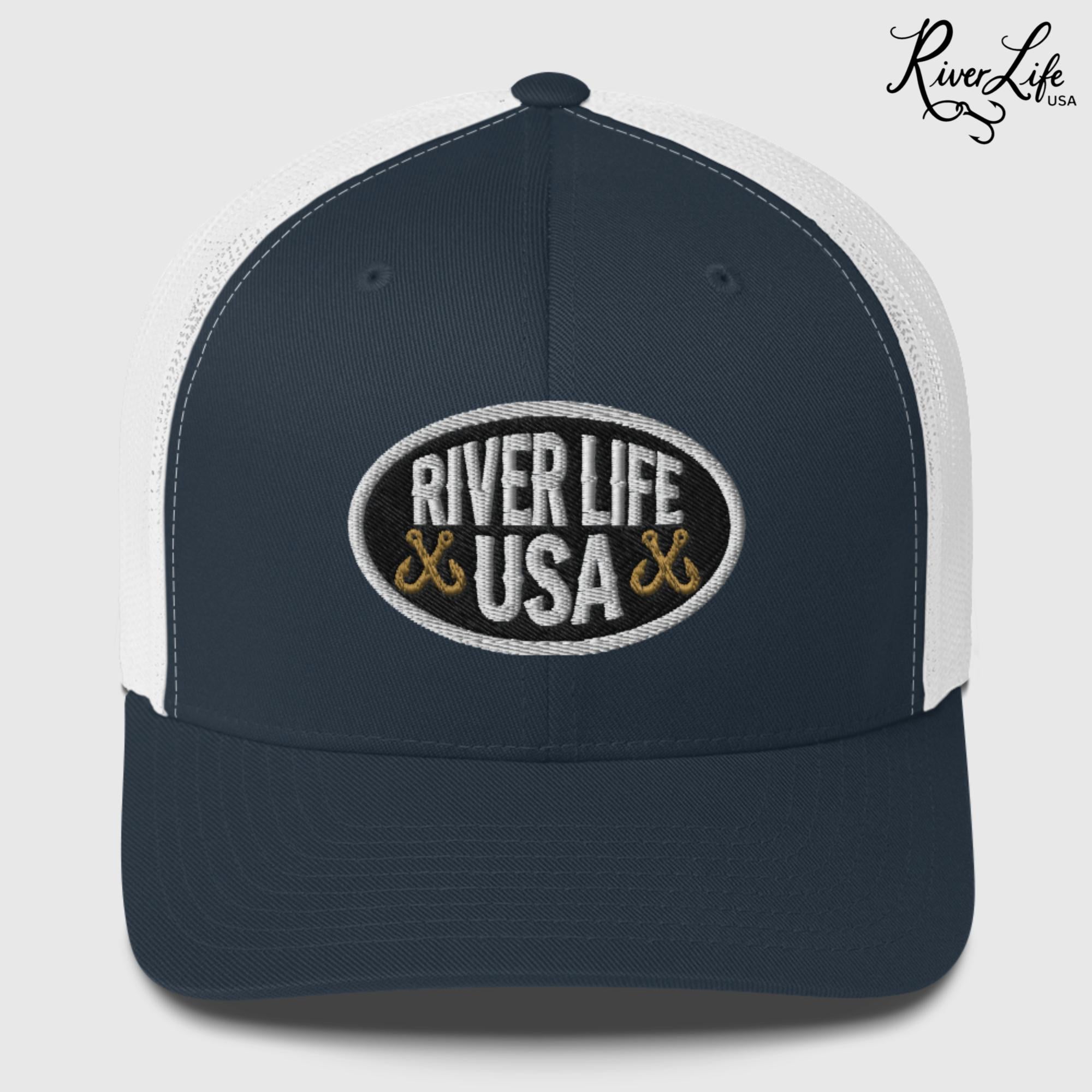 Oval Patch (embroidered) | Snapback Trucker Cap-Navy/ White-River Life USA