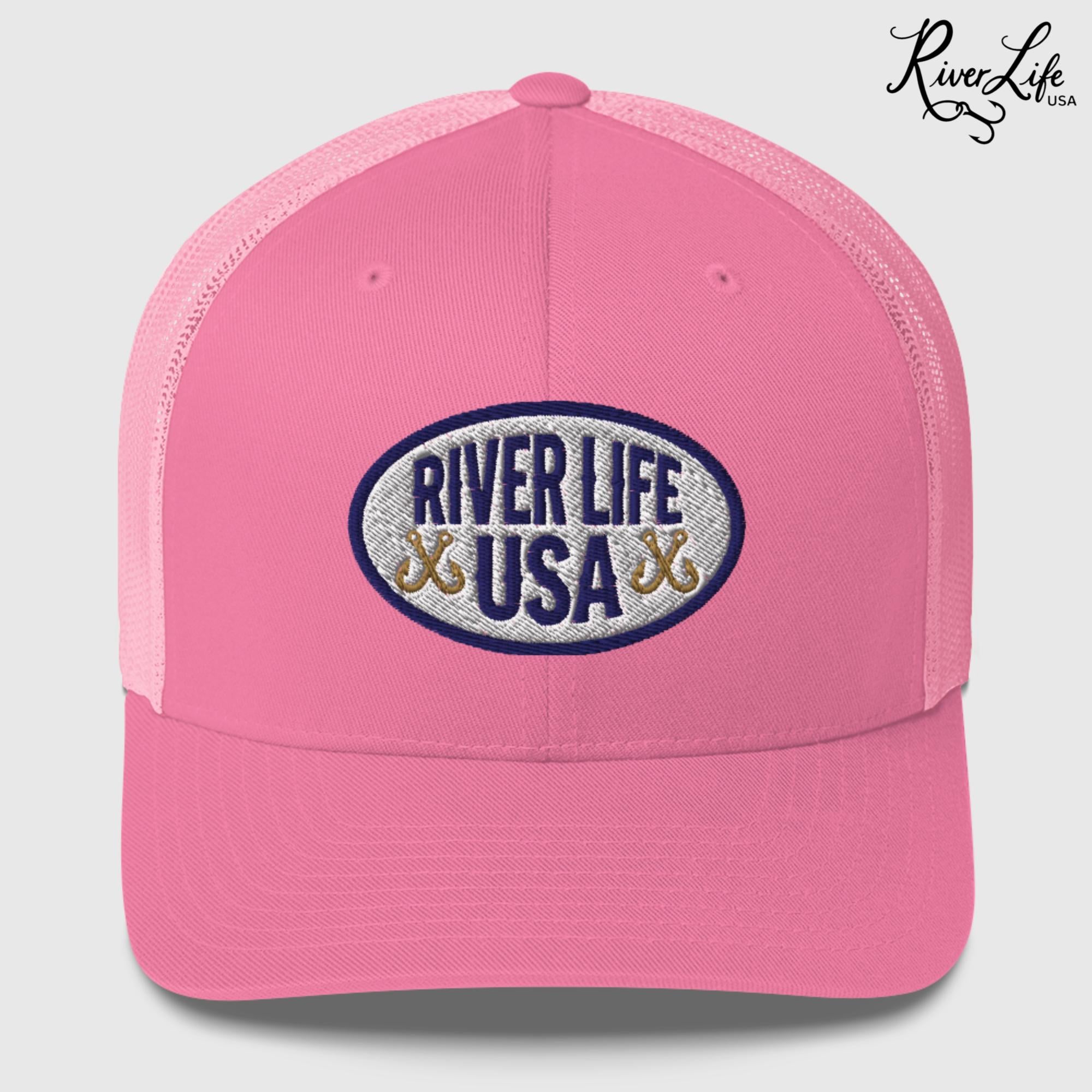 Oval Patch (embroidered) | Snapback Trucker Cap-Pink-River Life USA