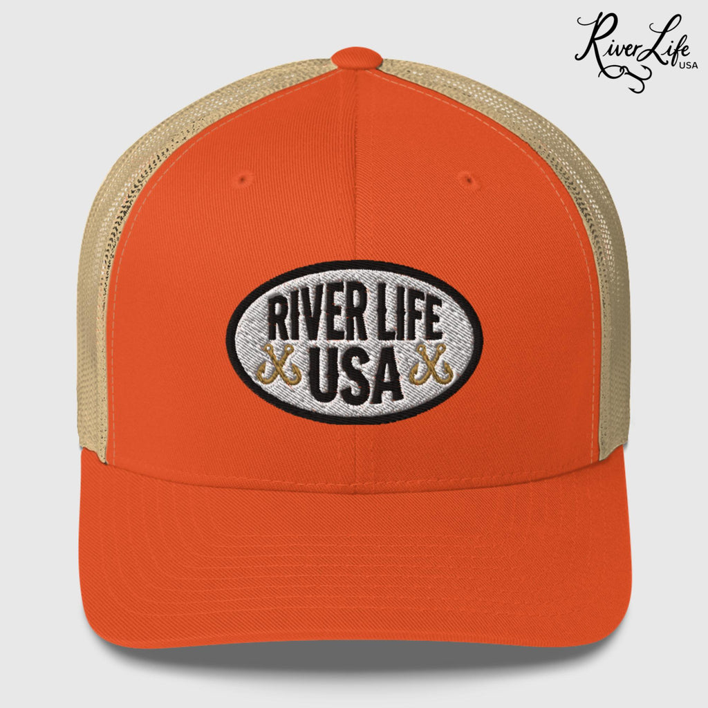 Oval Patch (embroidered) | Snapback Trucker Cap-Rustic Orange/ Khaki-River Life USA