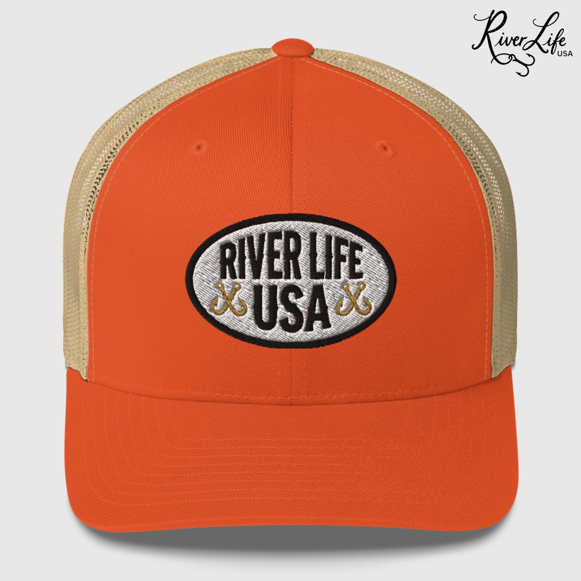 Oval Patch (embroidered) | Snapback Trucker Cap-Rustic Orange/ Khaki-River Life USA