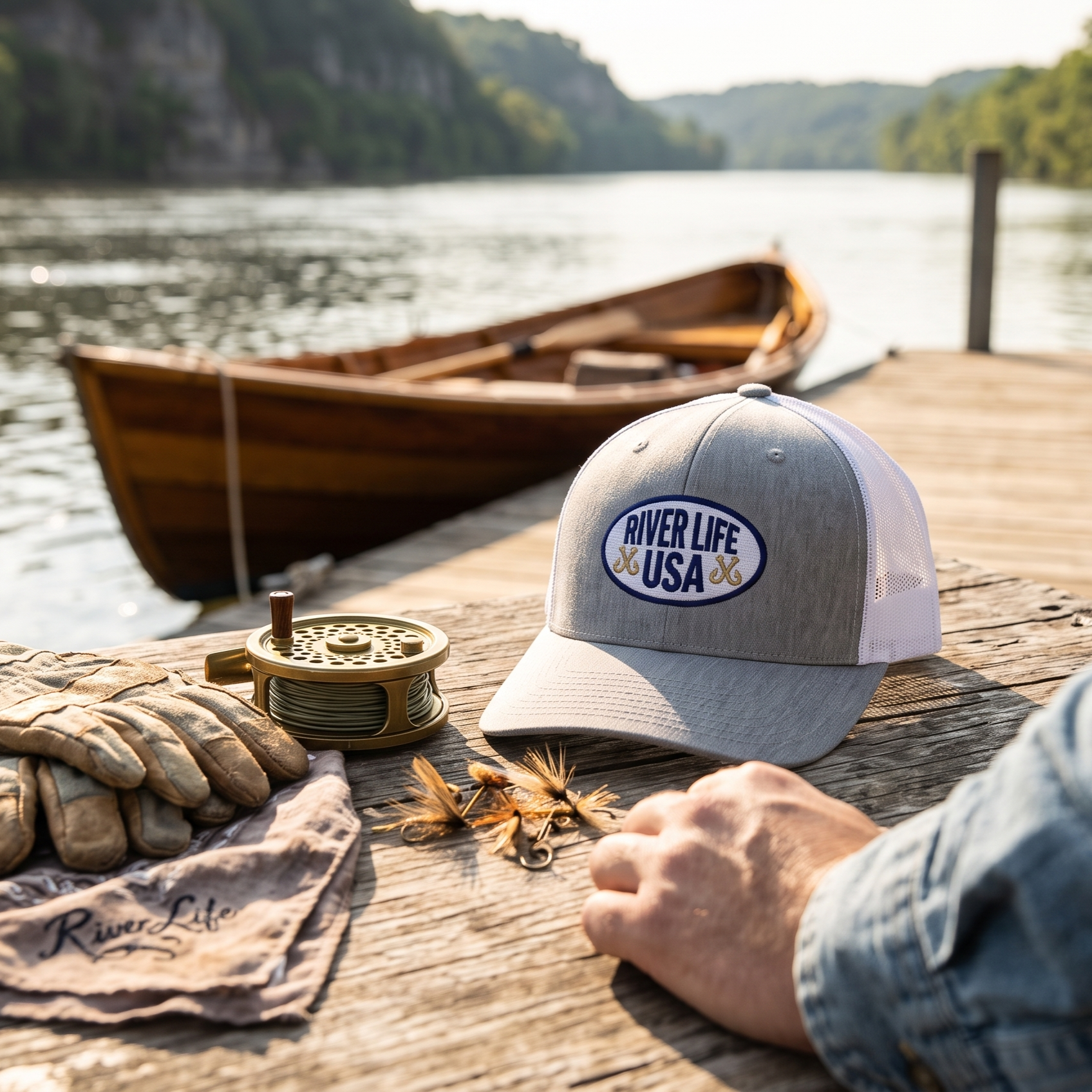 Oval Patch (embroidered) | Snapback Trucker Cap-Heather Grey/White-River Life USA