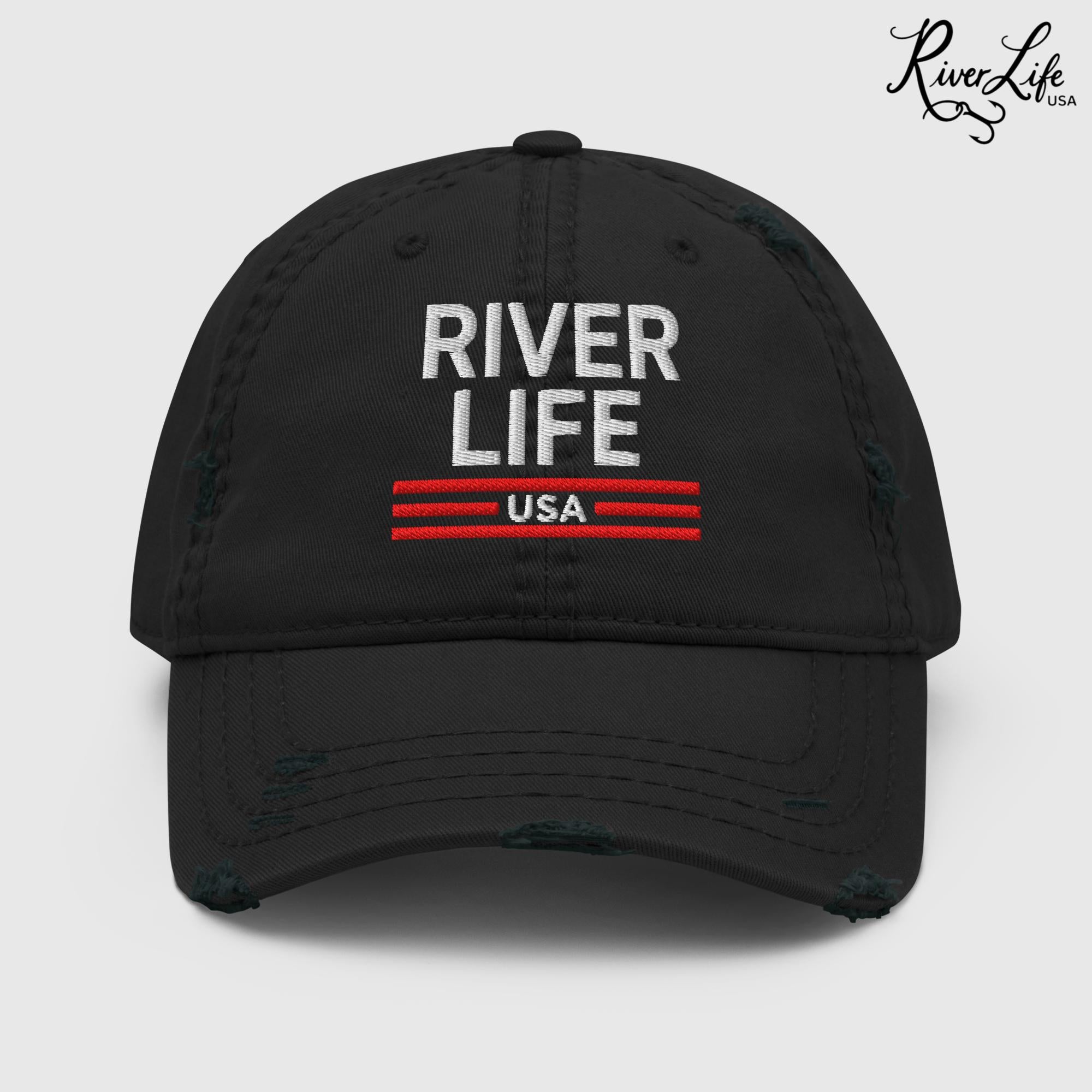 Patriot Red White and Blue (embroidered) | Adjustable Distressed Dad Hat-Black-River Life USA