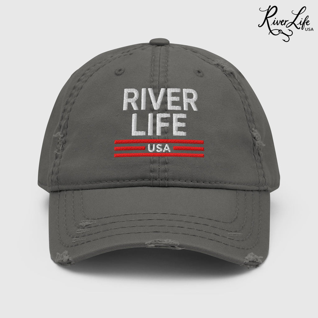 Patriot Red White and Blue (embroidered) | Adjustable Distressed Dad Hat-Charcoal Grey-River Life USA