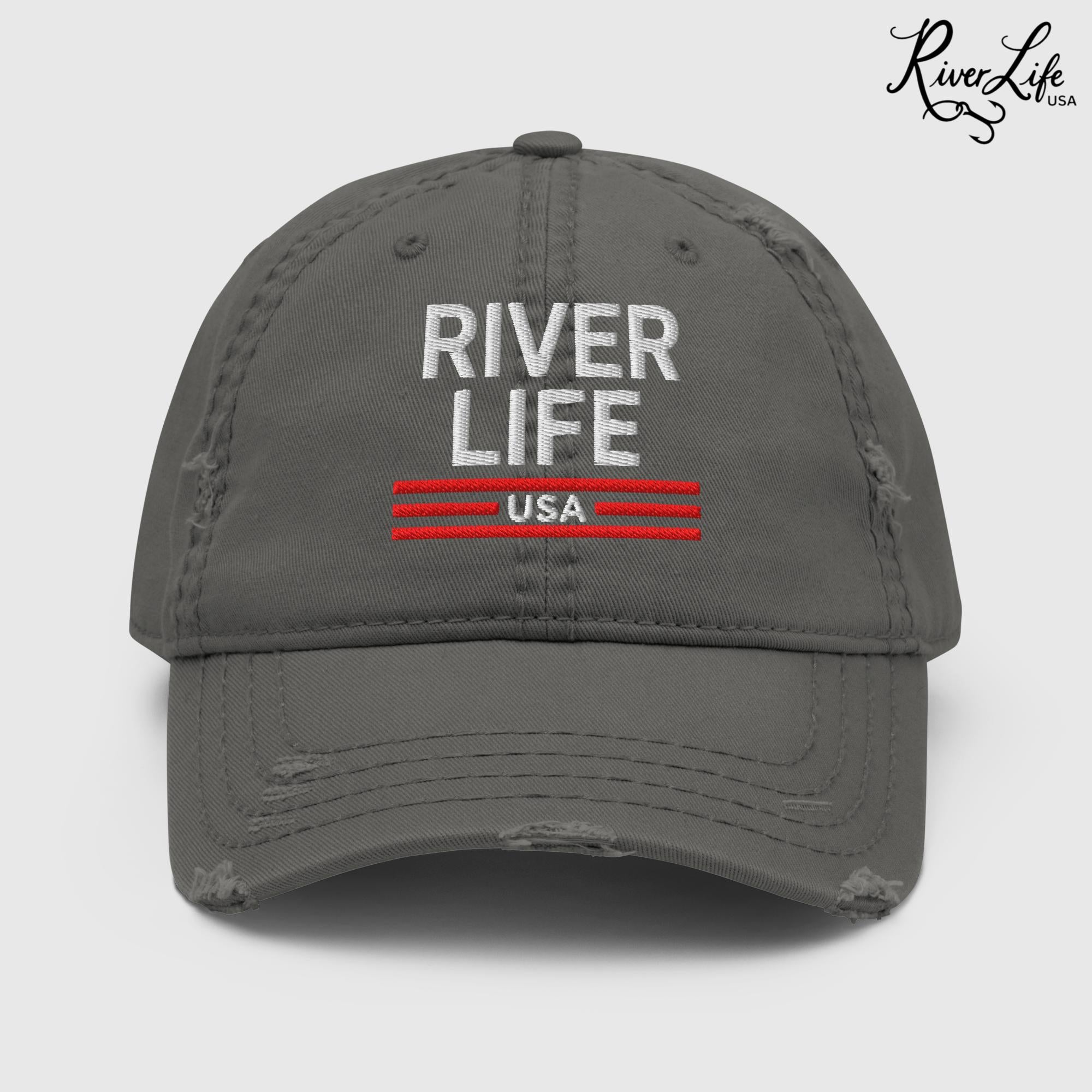 Patriot Red White and Blue (embroidered) | Adjustable Distressed Dad Hat-Charcoal Grey-River Life USA