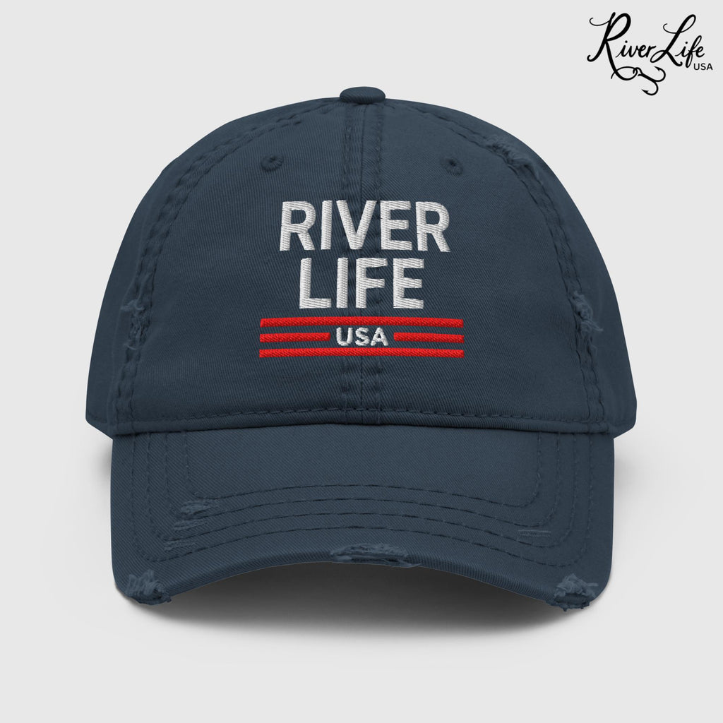 Patriot Red White and Blue (embroidered) | Adjustable Distressed Dad Hat-Navy-River Life USA