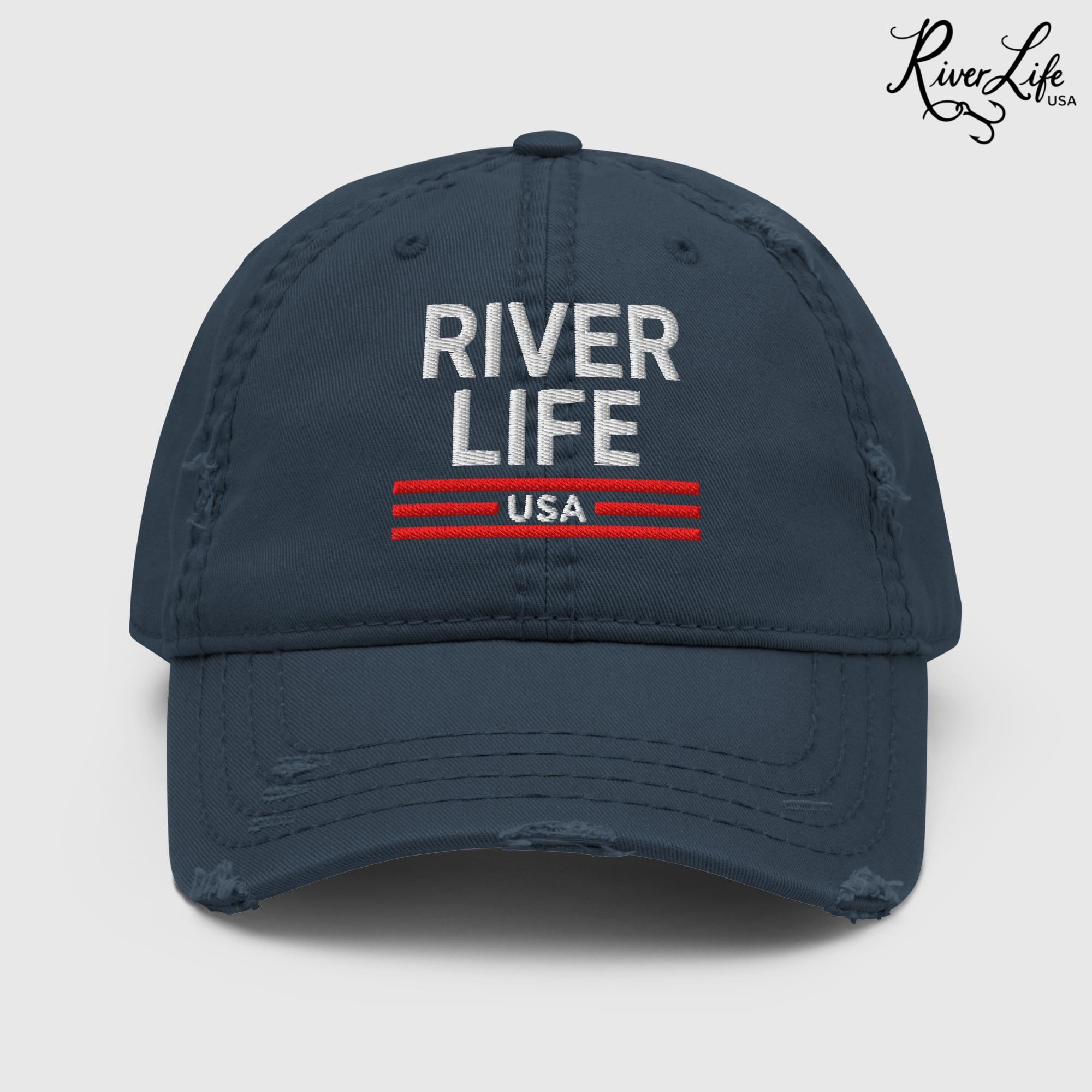 Patriot Red White and Blue (embroidered) | Adjustable Distressed Dad Hat-Navy-River Life USA