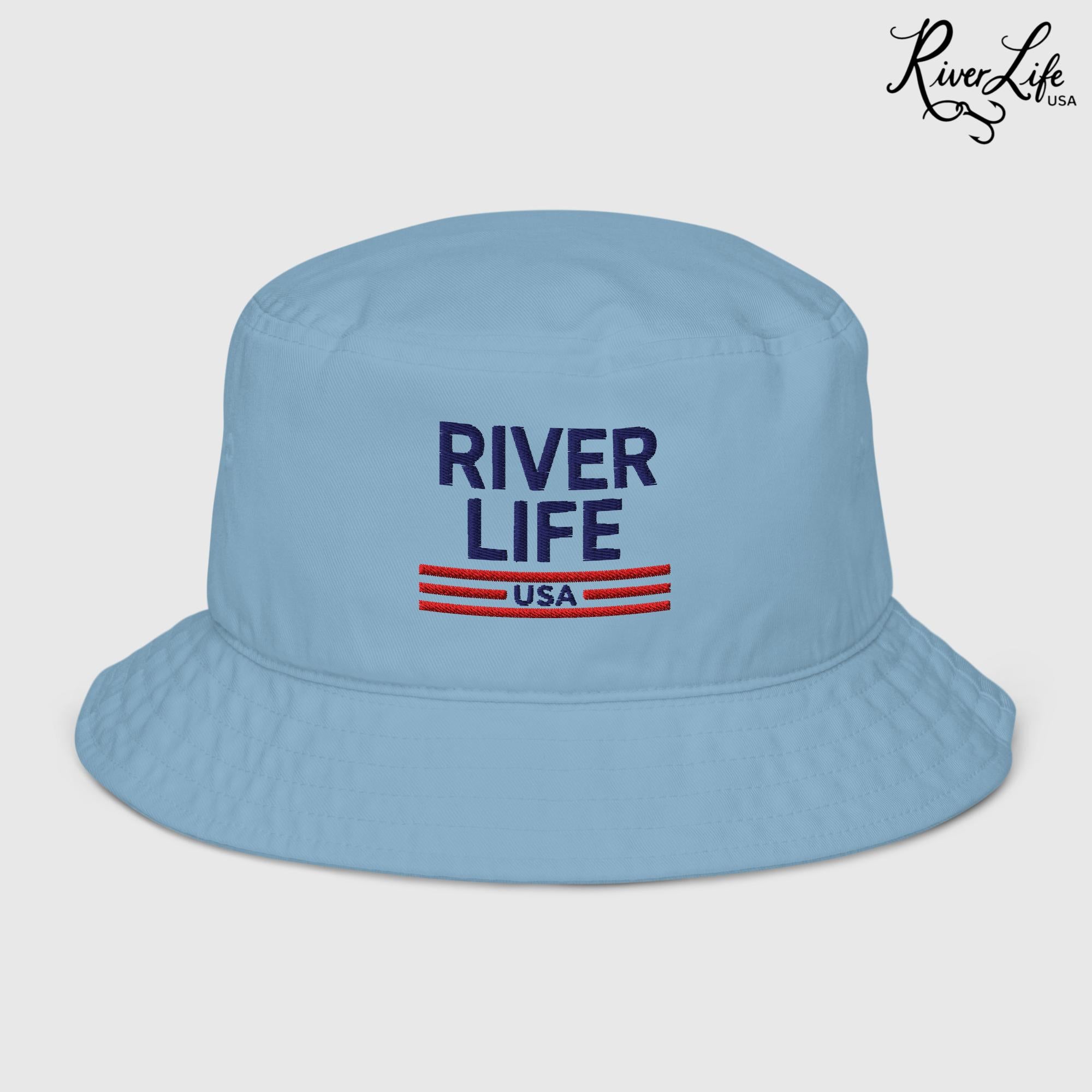 Patriot Red White and Blue (embroidered) | Premium Organic Bucket Hat-Slate Blue-River Life USA