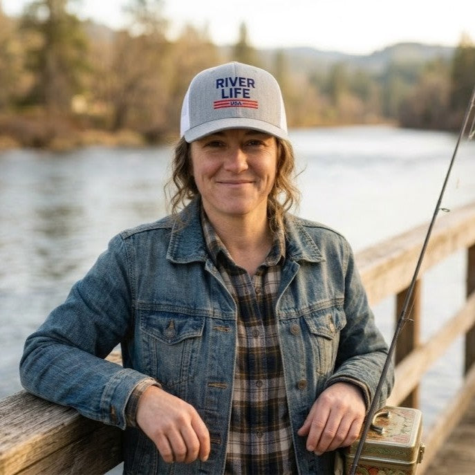 Patriot Red White and Blue (embroidered) | Snapback Trucker Cap-Heather Grey/White-River Life USA
