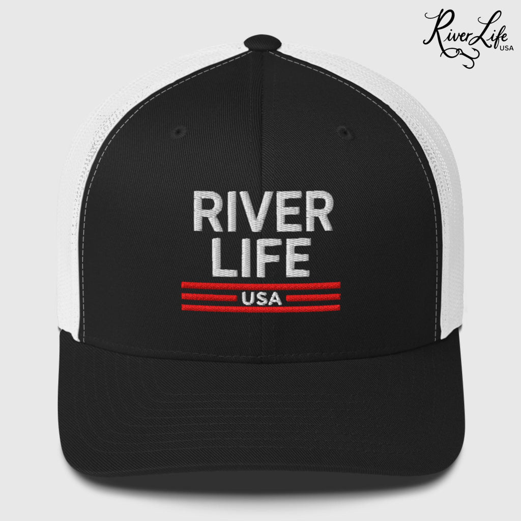 Patriot Red White and Blue (embroidered) | Snapback Trucker Cap-Black/ White-River Life USA