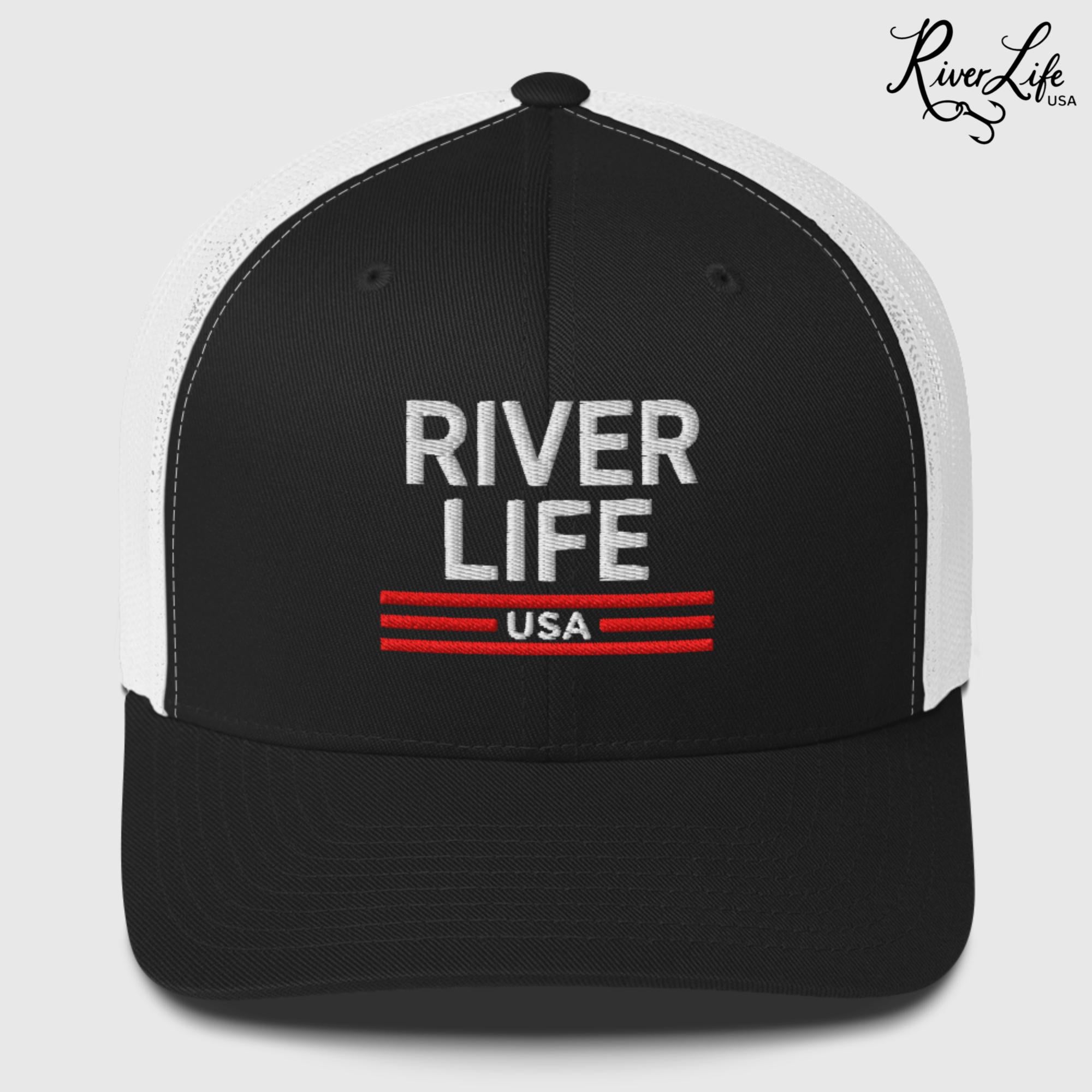 Patriot Red White and Blue (embroidered) | Snapback Trucker Cap-Black/ White-River Life USA