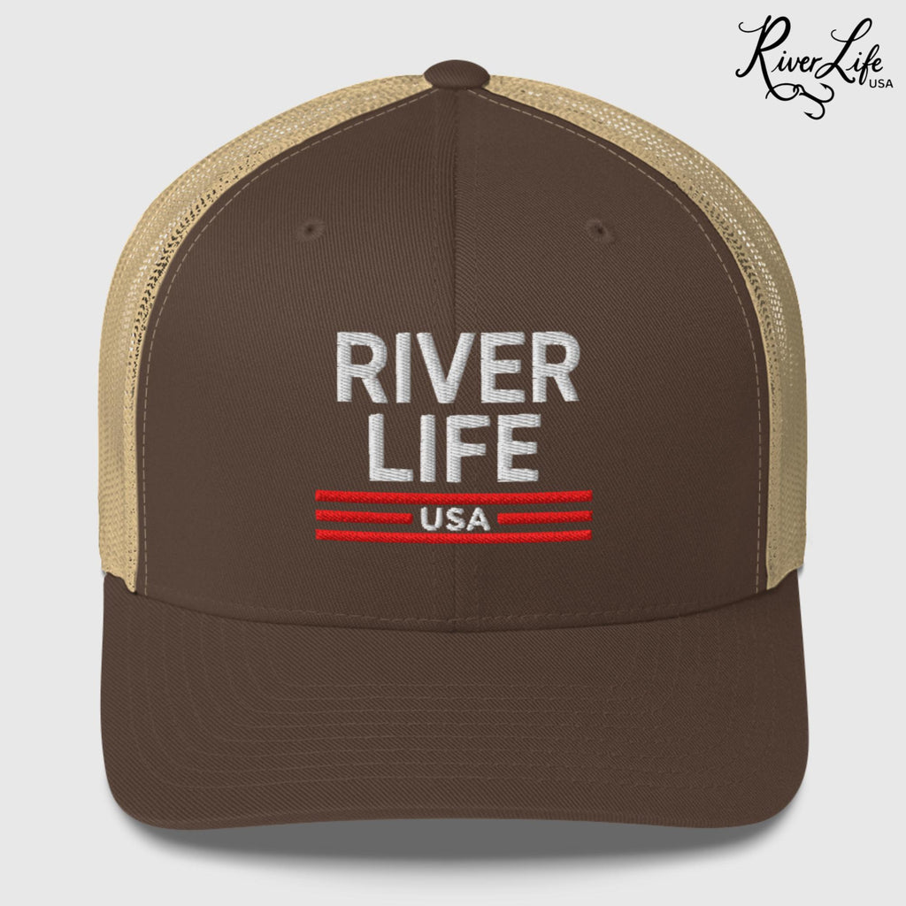 Patriot Red White and Blue (embroidered) | Snapback Trucker Cap-Brown/ Khaki-River Life USA
