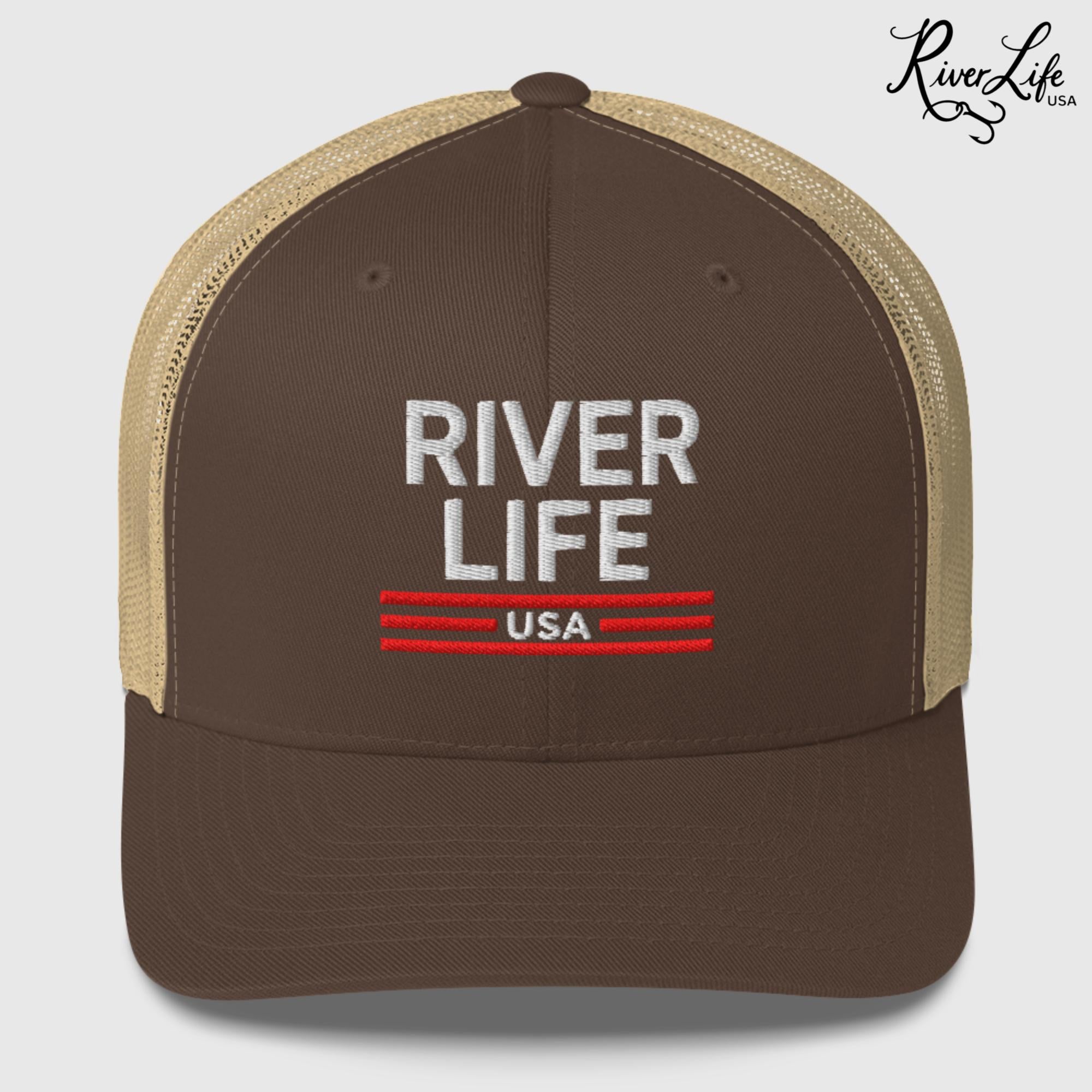 Patriot Red White and Blue (embroidered) | Snapback Trucker Cap-Brown/ Khaki-River Life USA