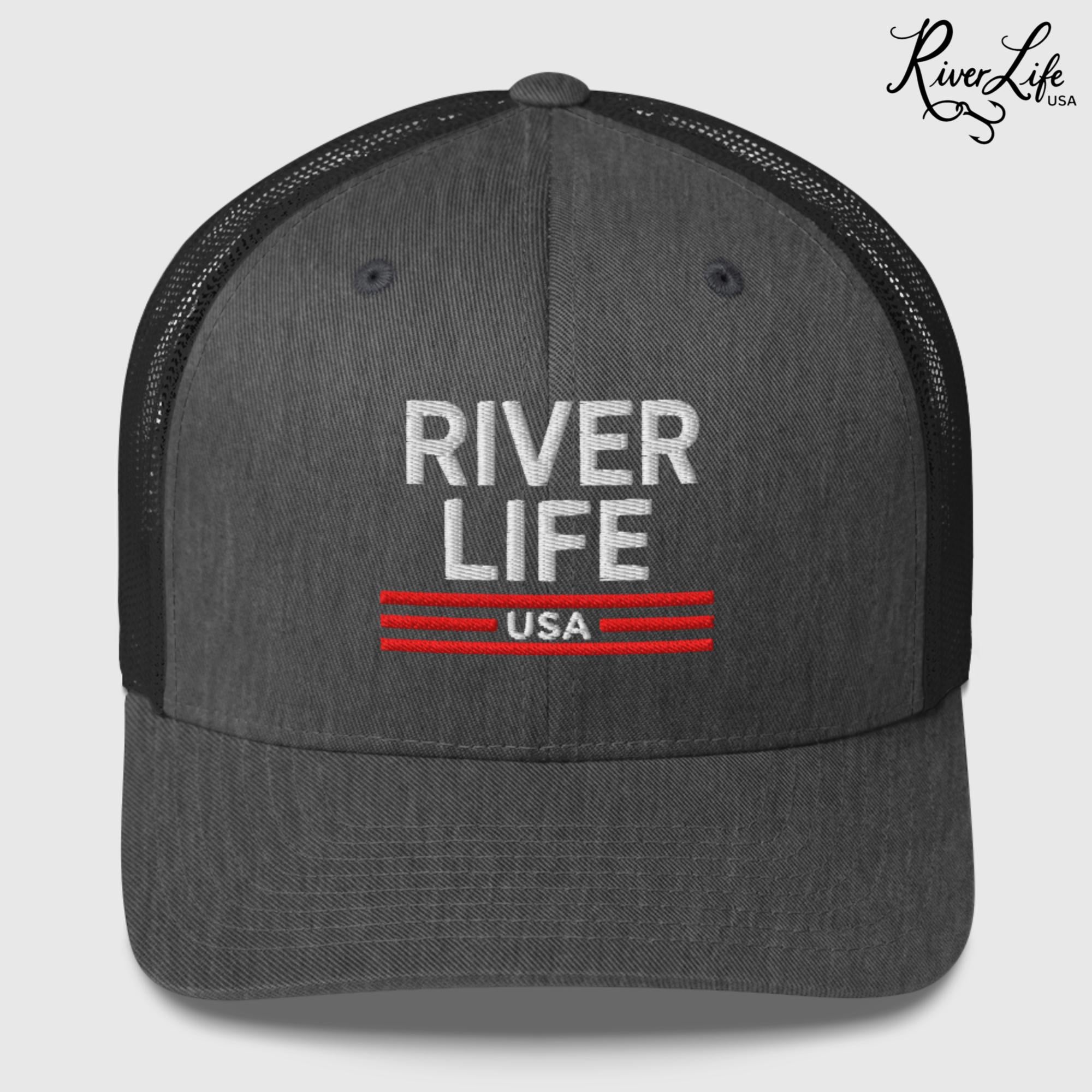 Patriot Red White and Blue (embroidered) | Snapback Trucker Cap-Dark Heather Gray-River Life USA
