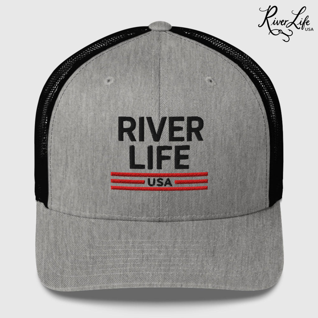 Patriot Red White and Blue (embroidered) | Snapback Trucker Cap-Heather/ Black-River Life USA