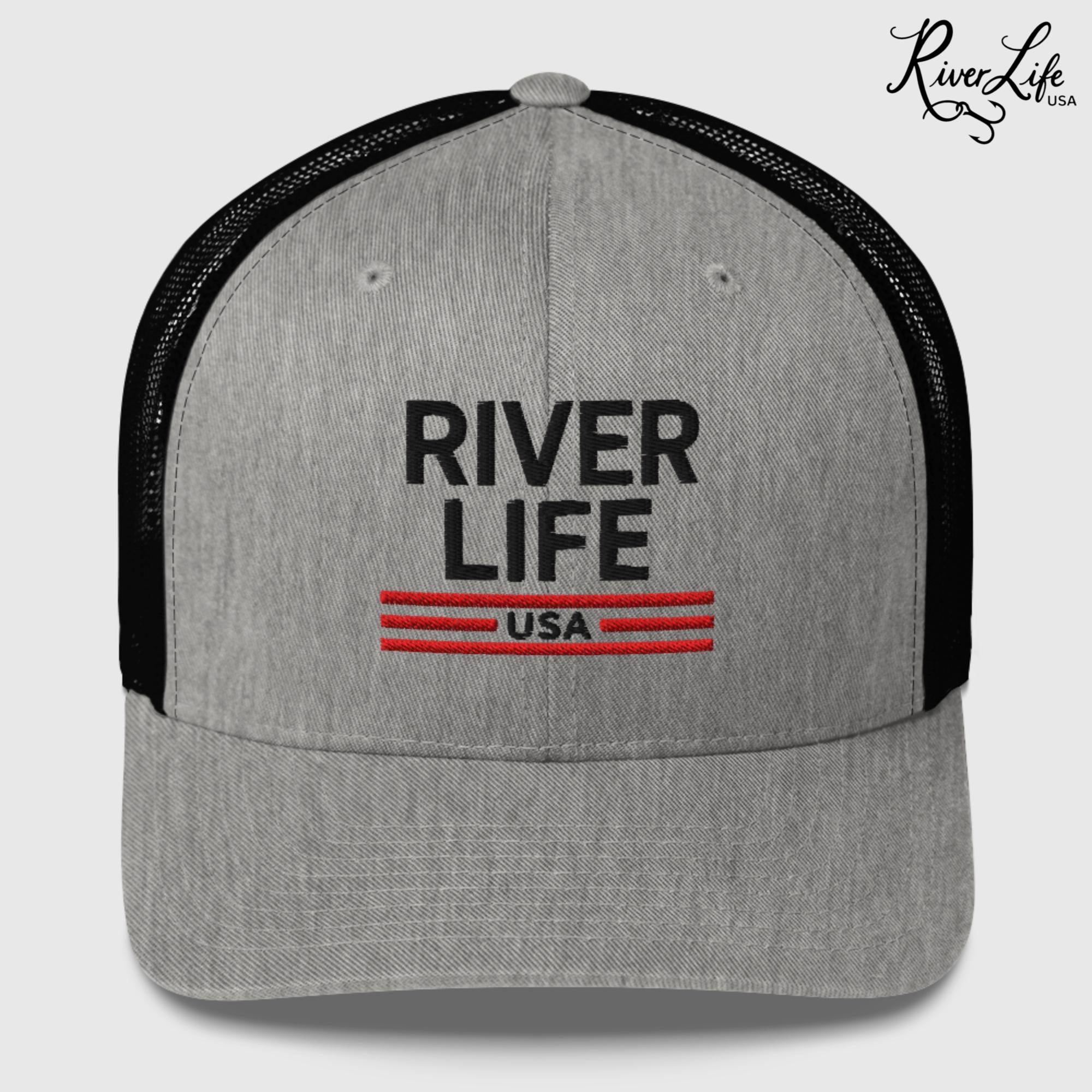 Patriot Red White and Blue (embroidered) | Snapback Trucker Cap-Heather/ Black-River Life USA