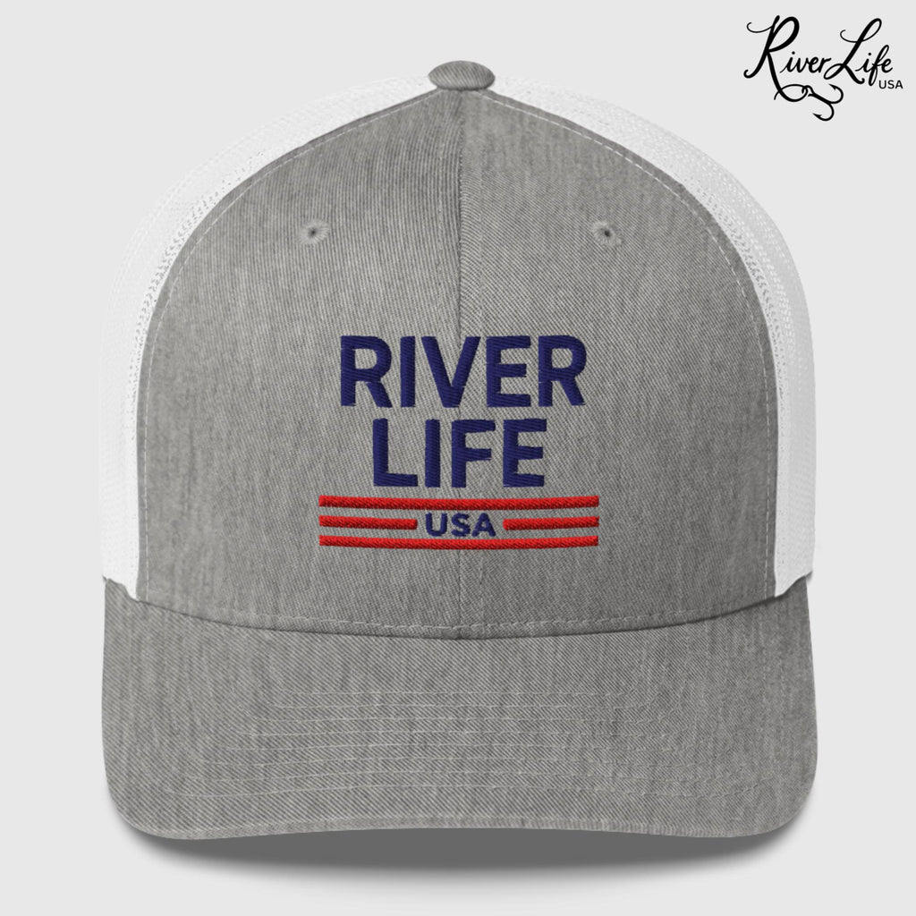 Patriot Red White and Blue (embroidered) | Snapback Trucker Cap-Heather Grey/White-River Life USA