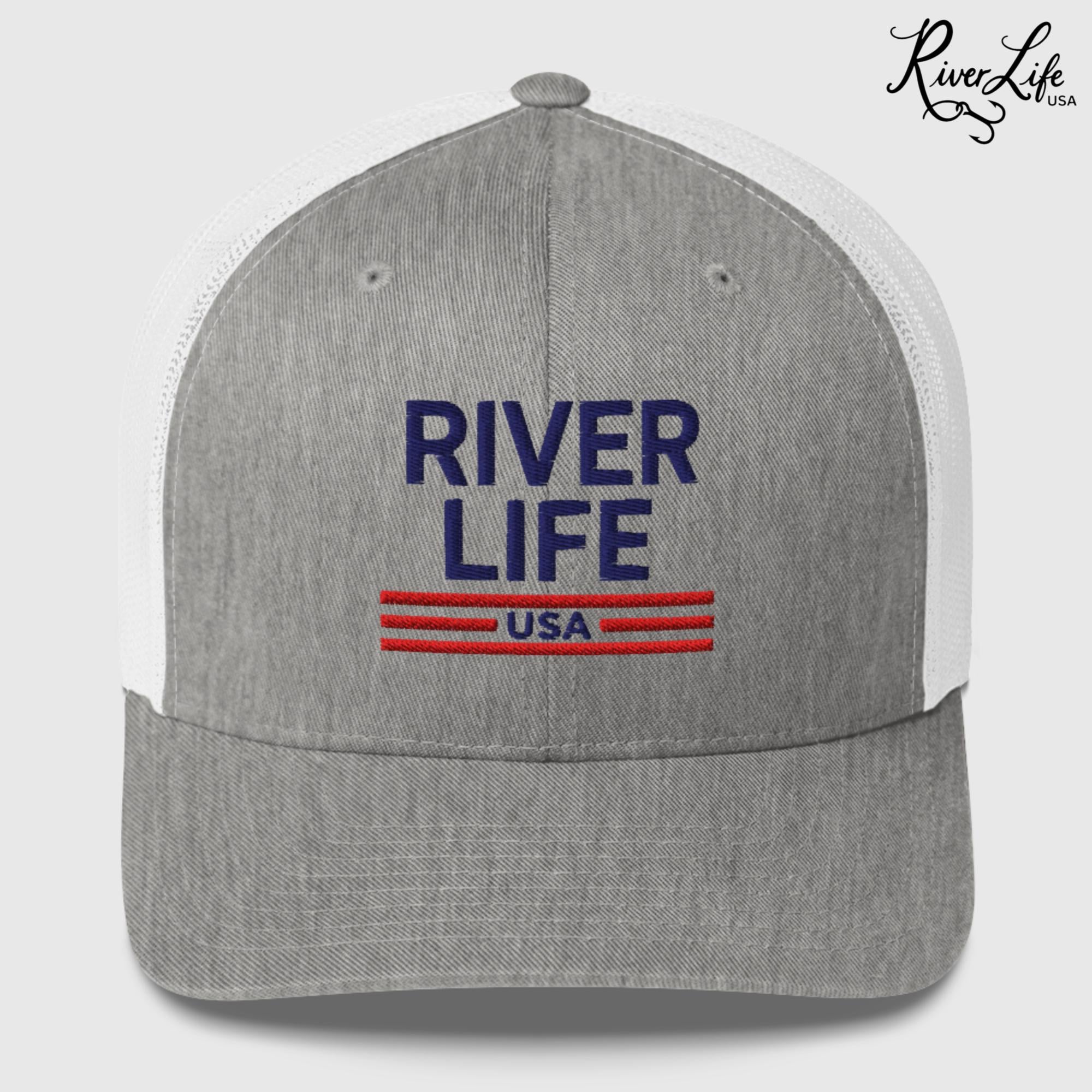 Patriot Red White and Blue (embroidered) | Snapback Trucker Cap-Heather Grey/White-River Life USA