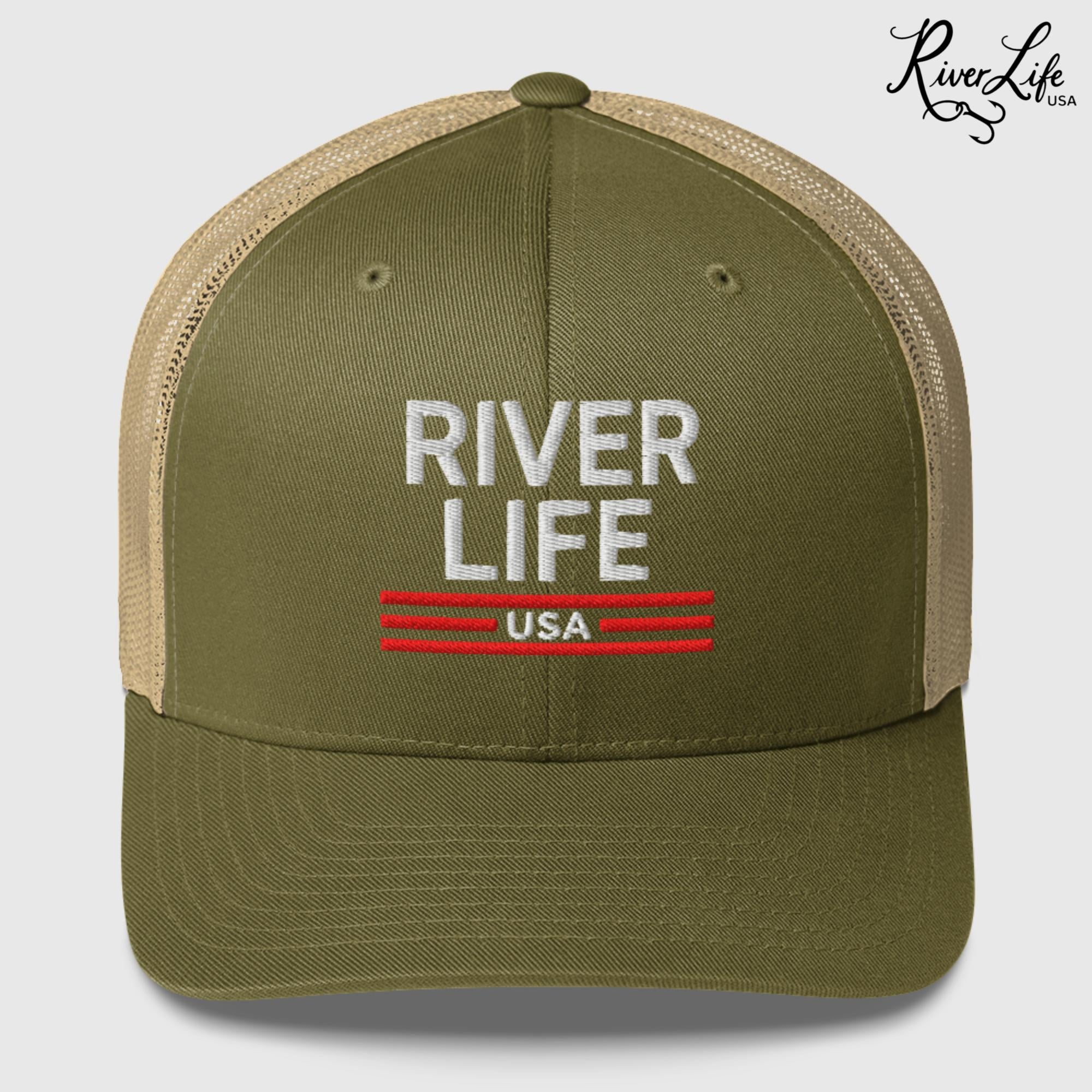 Patriot Red White and Blue (embroidered) | Snapback Trucker Cap-Moss/ Khaki-River Life USA