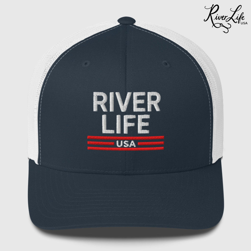 Patriot Red White and Blue (embroidered) | Snapback Trucker Cap-Navy/ White-River Life USA