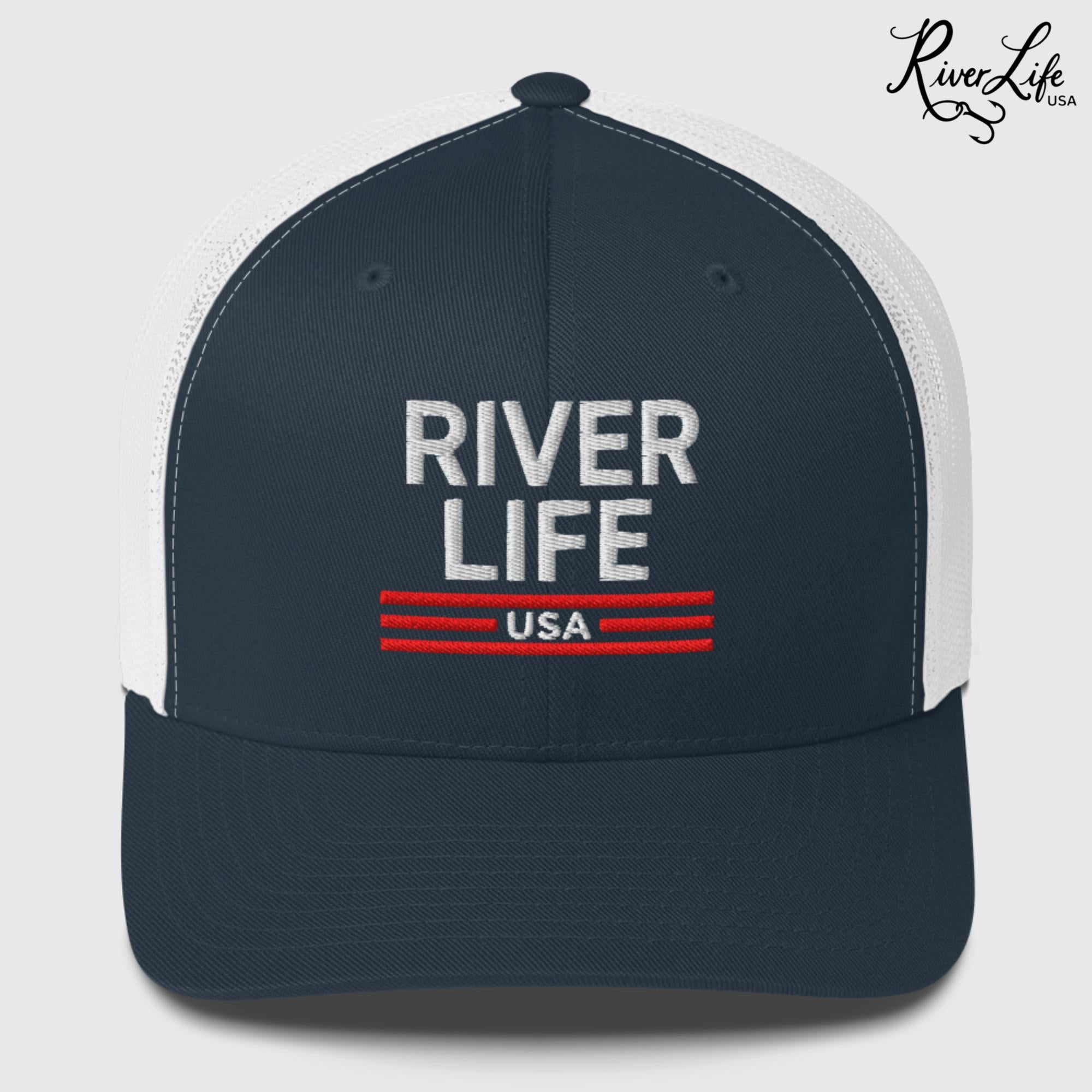 Patriot Red White and Blue (embroidered) | Snapback Trucker Cap-Navy/ White-River Life USA