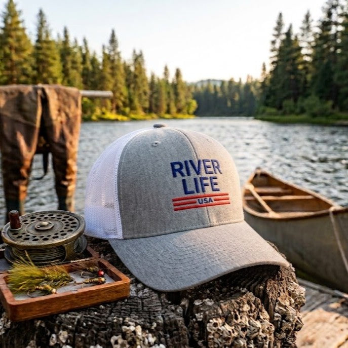 Patriot Red White and Blue (embroidered) | Snapback Trucker Cap-Heather Grey/White-River Life USA