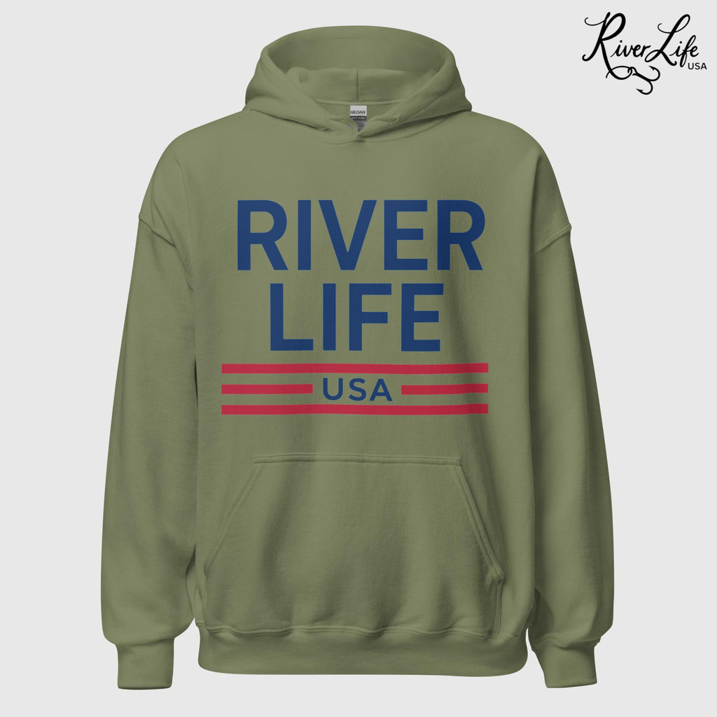 Patriot Red White & Blue | Unisex Pullover Hoodie-Military Green-River Life USA