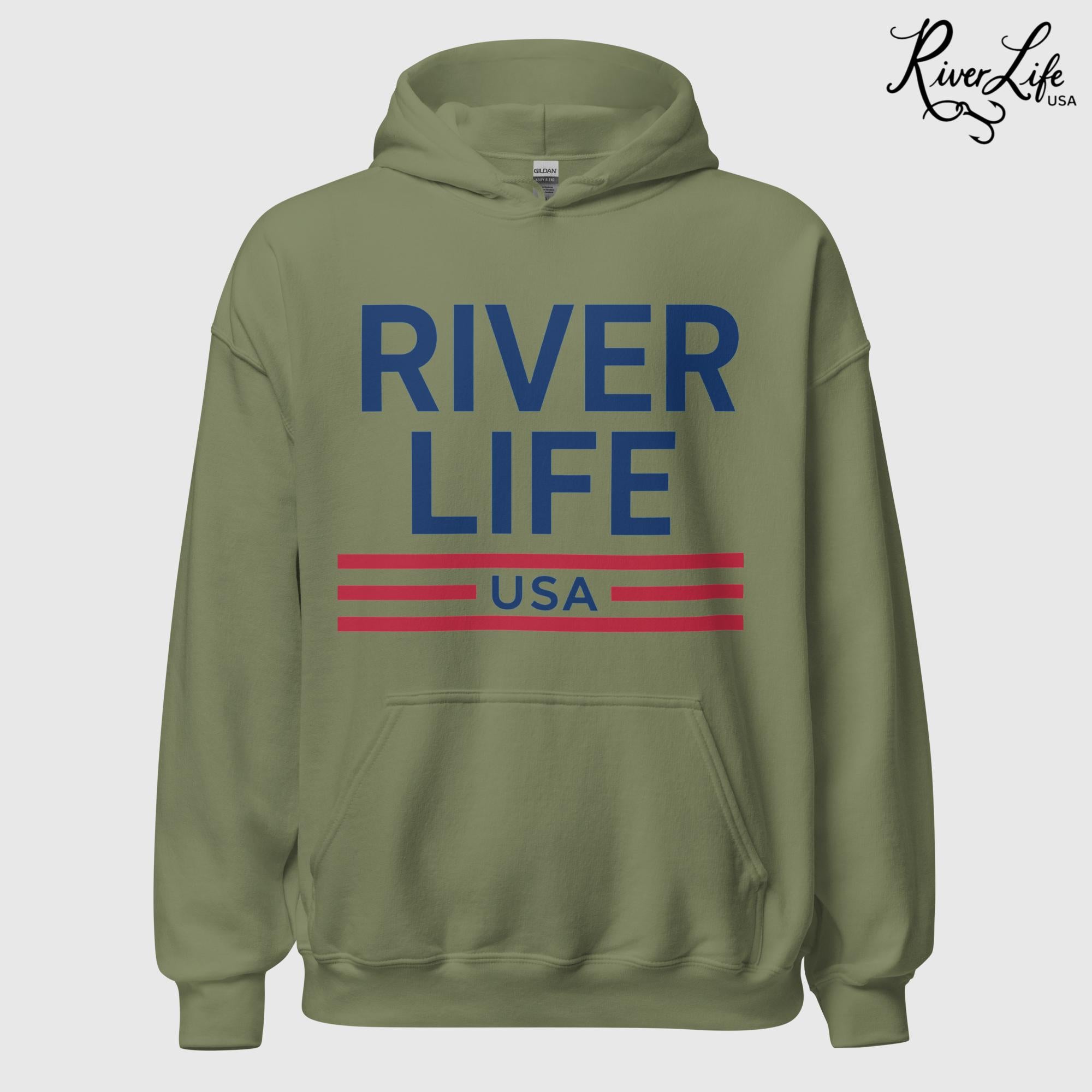 Patriot Red White & Blue | Unisex Pullover Hoodie-Military Green-River Life USA