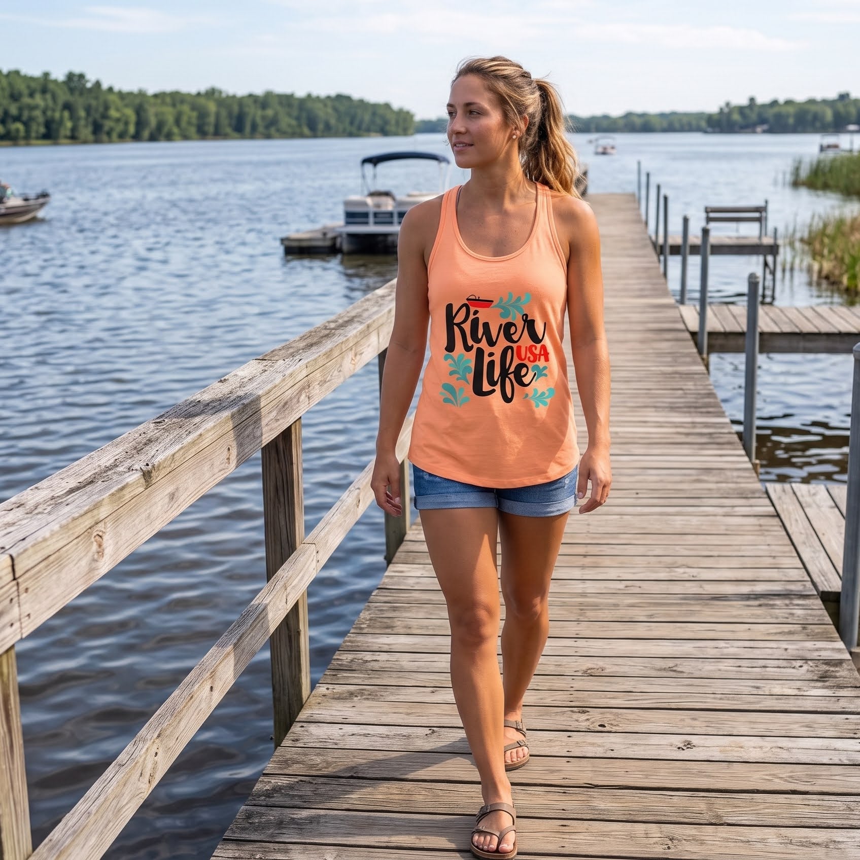 Red Boat | Women’s Fitted Racerback Tank Top-Light Orange-River Life USA
