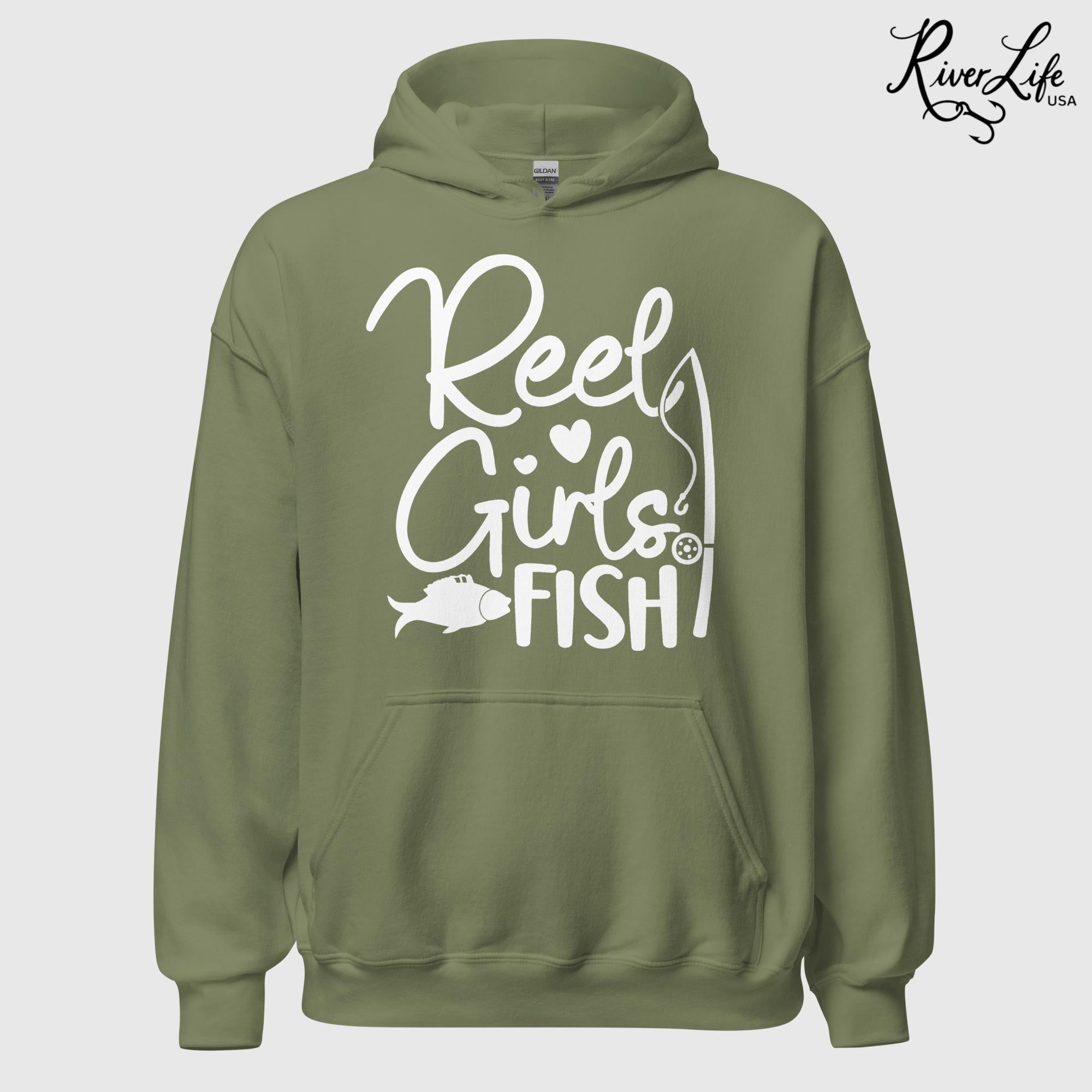 Reel Girls Fish | Womens Pullover Hoodie-Military Green-River Life USA