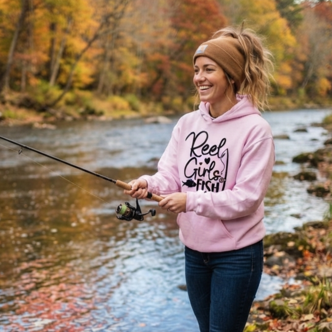 Reel Girls Fish | Womens Pullover Hoodie-Pink-River Life USA