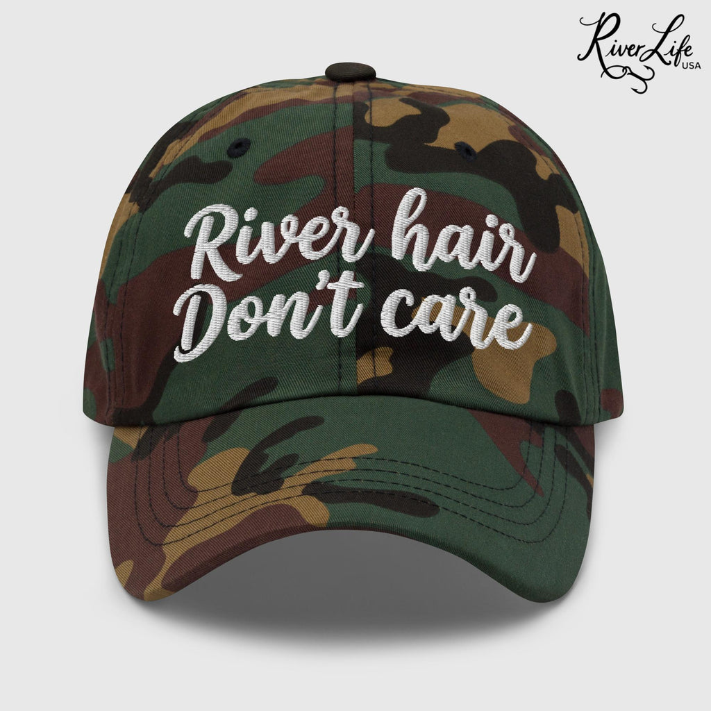 River Hair Don't Care (white embroidery) | Adjustable Dad Hat-Green Camo-River Life USA
