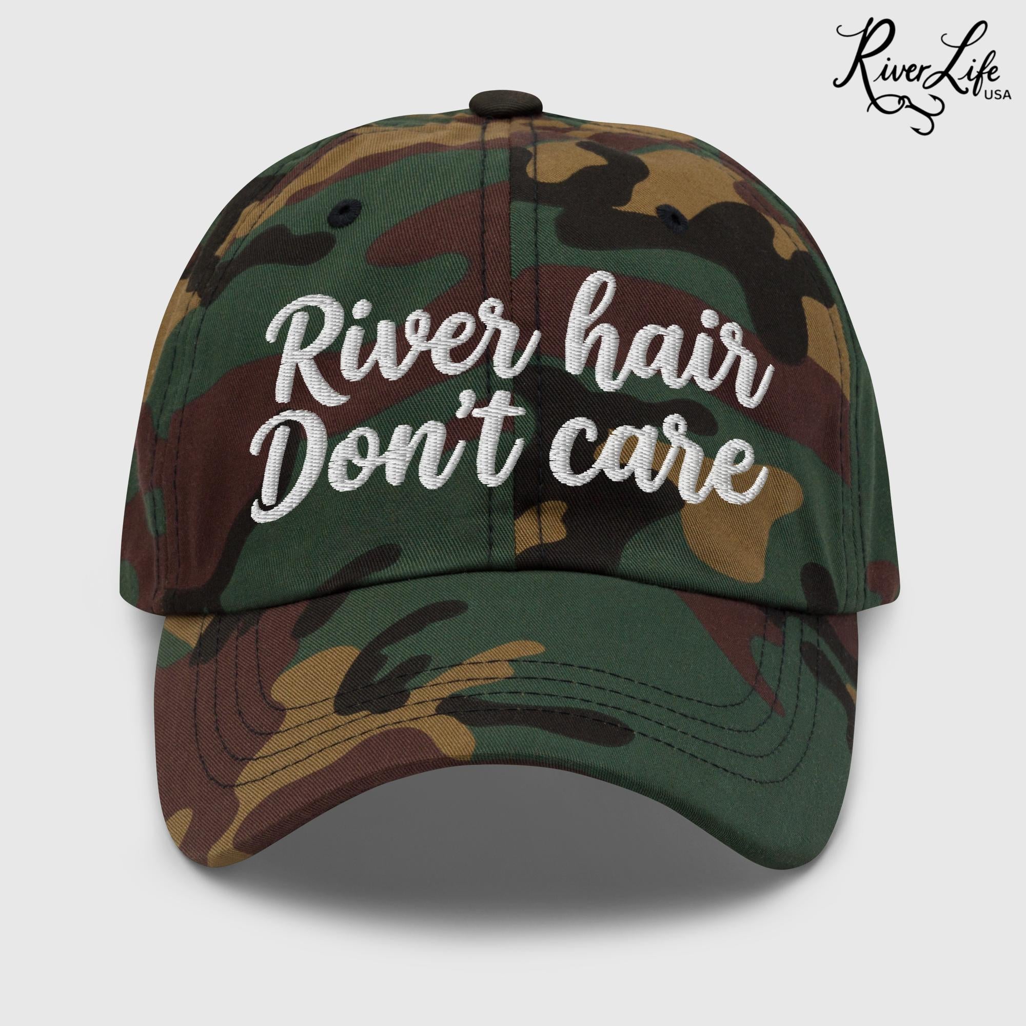 River Hair Don't Care (white embroidery) | Adjustable Dad Hat-Green Camo-River Life USA
